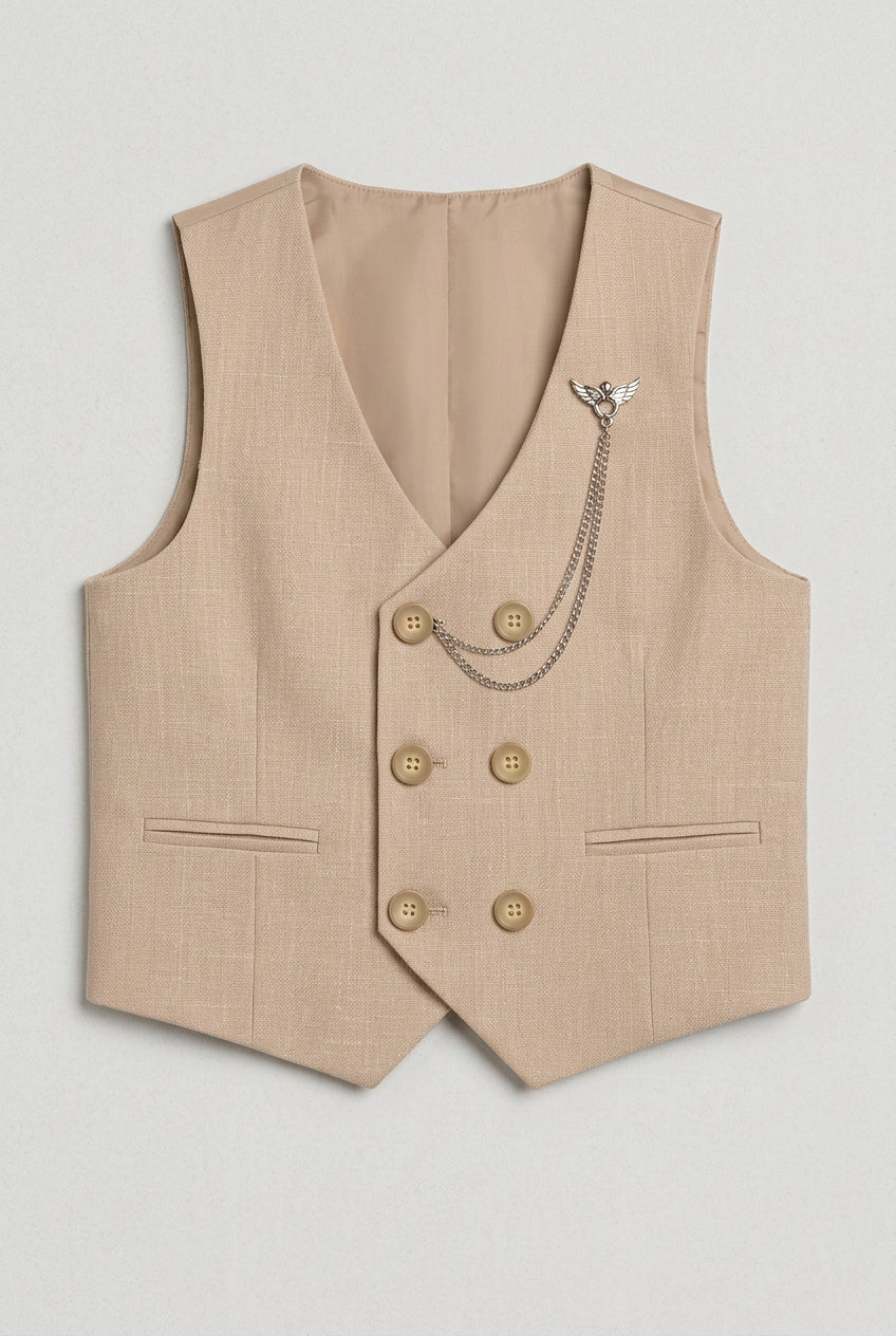 Boys Cotton 5-Piece Double Breasted Waistcoat Suit - BASAK - Beige