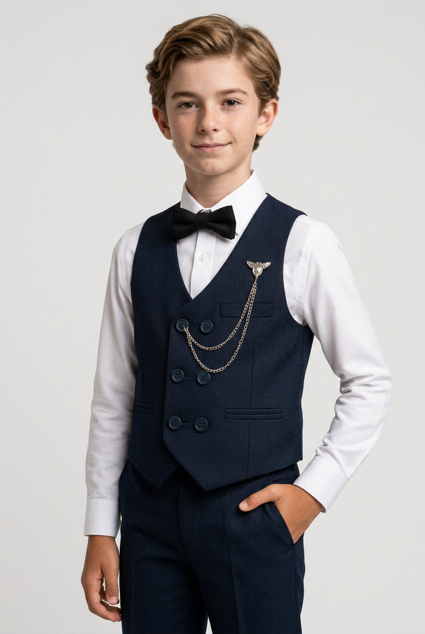 Boys Cotton 5-Piece Double Breasted Waistcoat Suit - BASAK - Navy
