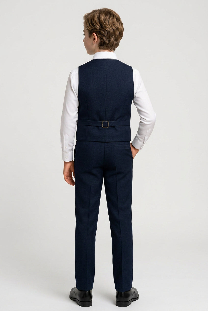 Boys Cotton 5-Piece Double Breasted Waistcoat Suit - BASAK - Navy