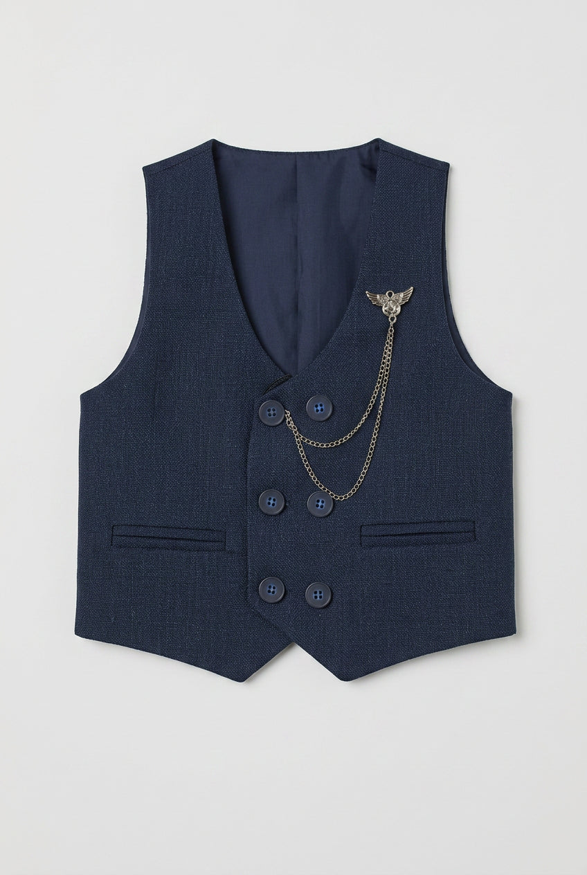 Boys Cotton 5-Piece Double Breasted Waistcoat Suit - BASAK - Navy