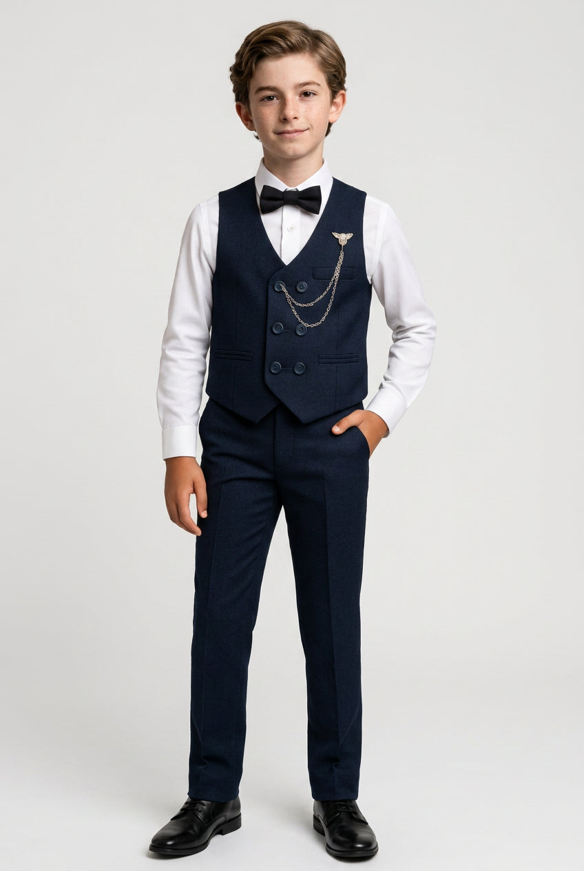 Boys Cotton 5-Piece Double Breasted Waistcoat Suit - BASAK - Navy