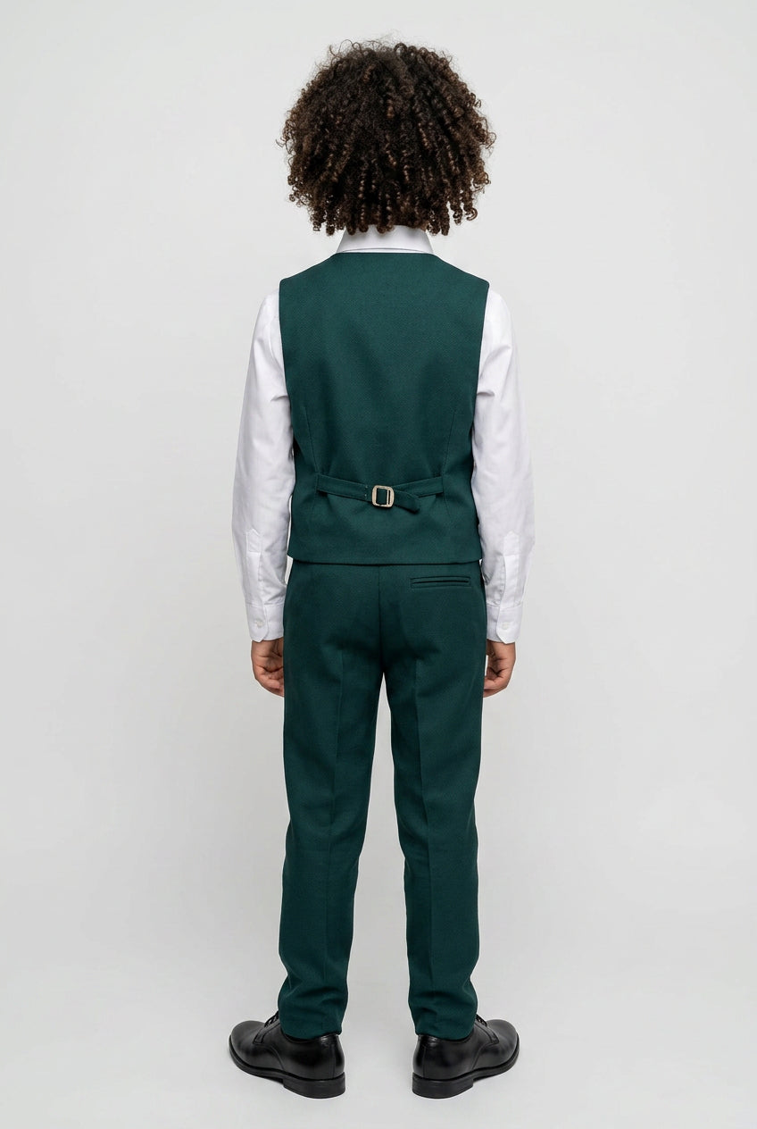 Boys Cotton 5-Piece Double Breasted Waistcoat Suit Set - Dark Green