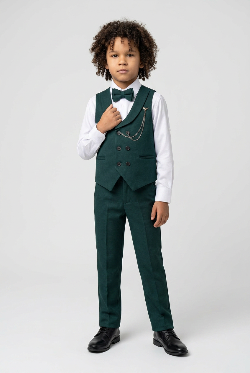 Boys Cotton 5-Piece Double Breasted Waistcoat Suit Set - Dark Green