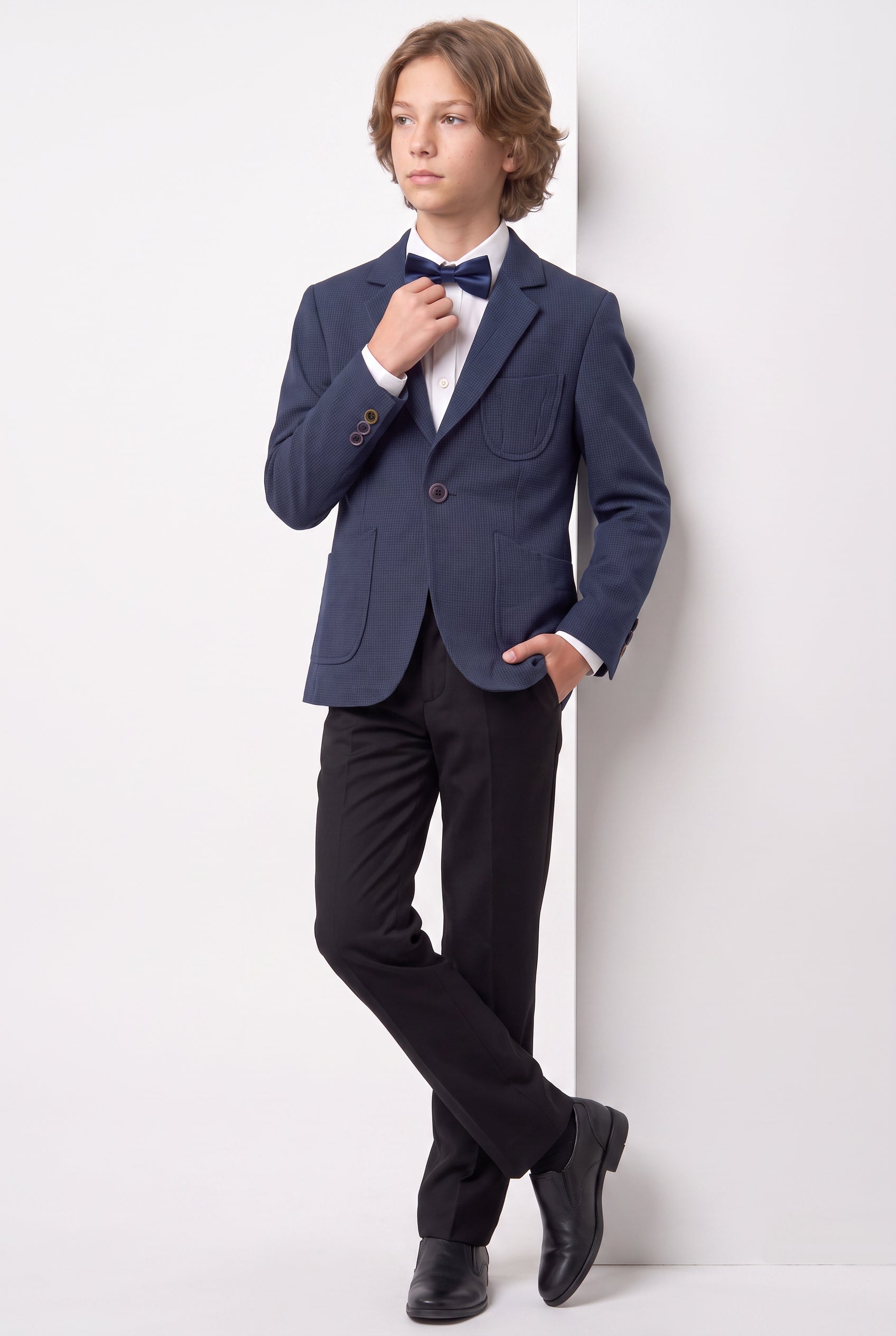 Boys Cotton Blend Slim Fit Formal Twill Blazer - Navy Blue