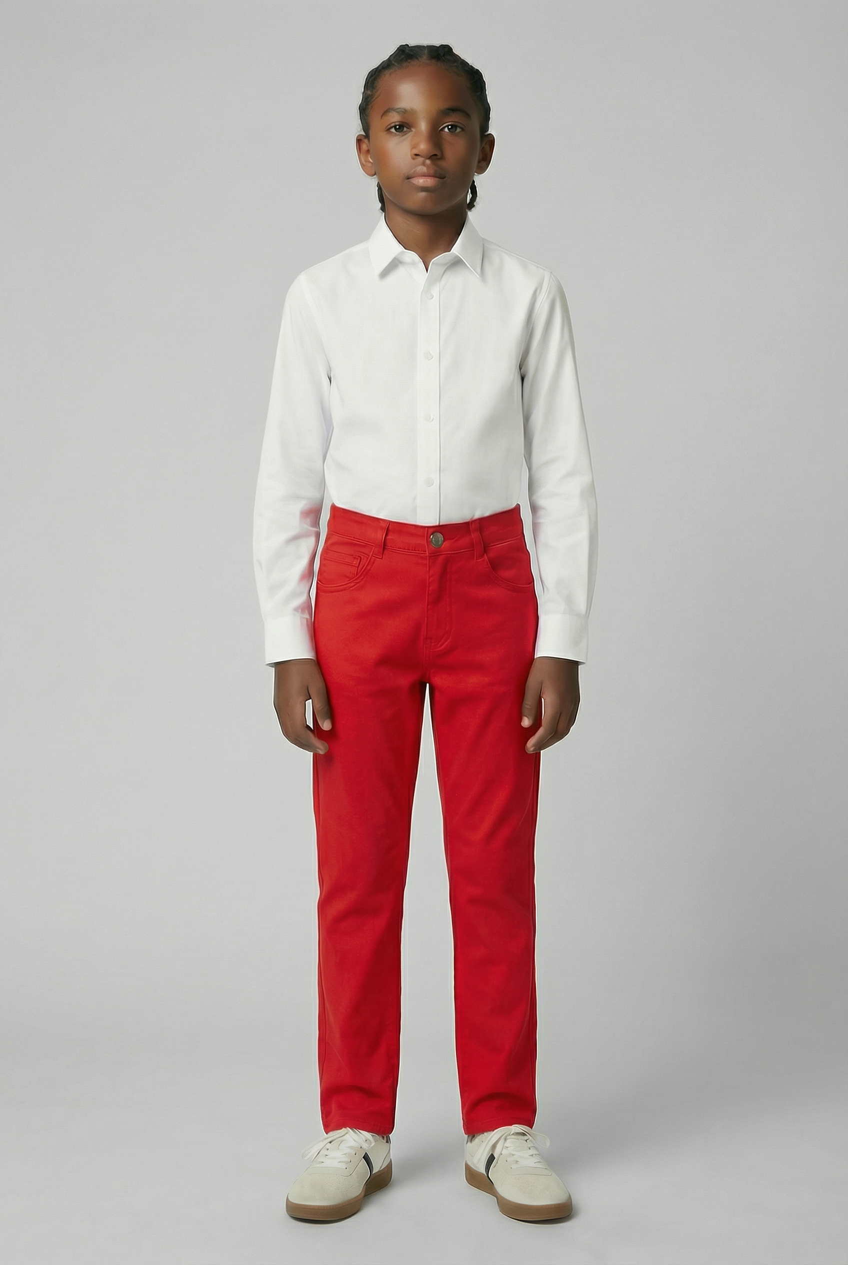 Boys Cotton Casual Stretch Chino Trousers – Red Model Picture