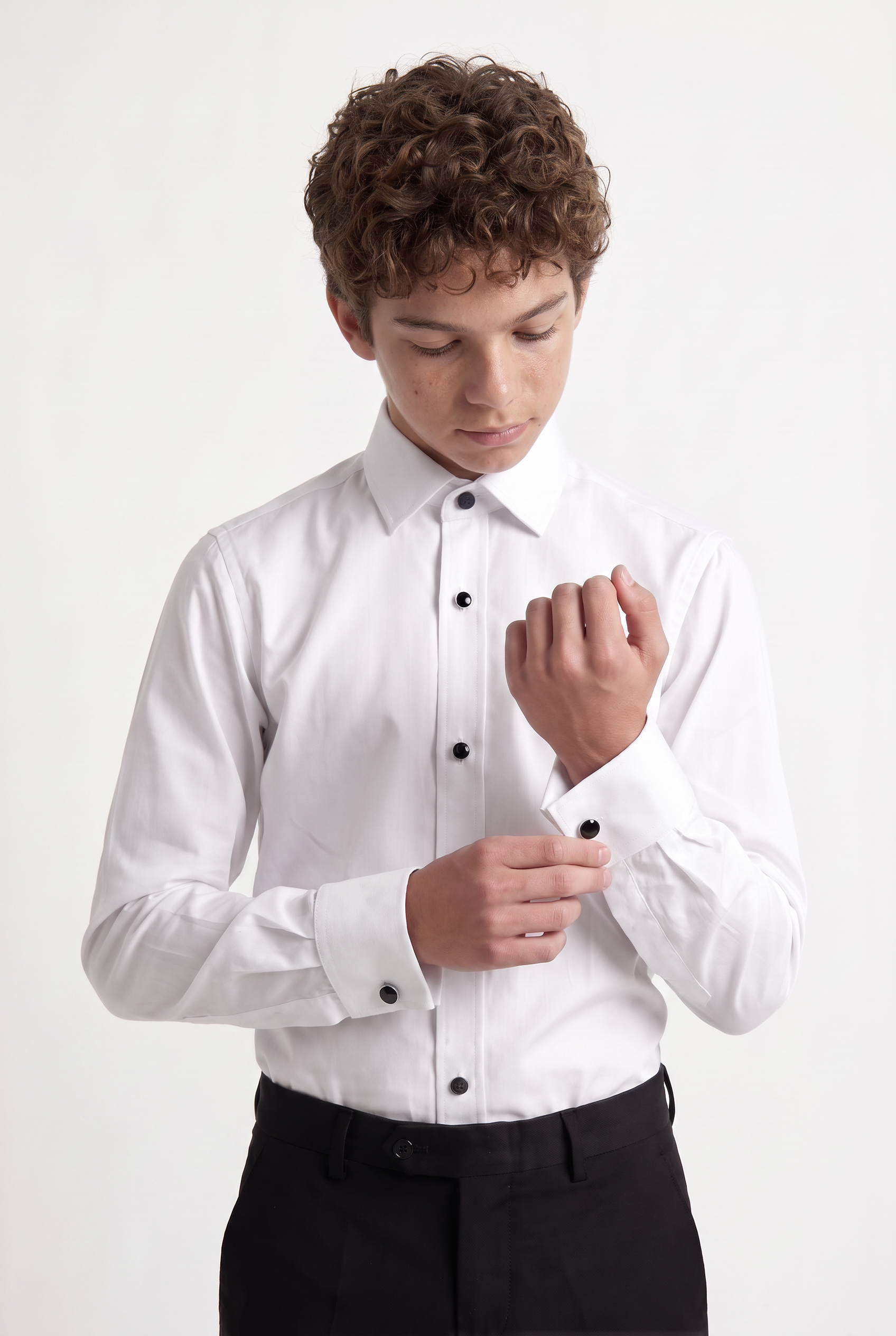 Boys Cotton Dress Shirt with Black Stud Buttons & Cufflinks - White
