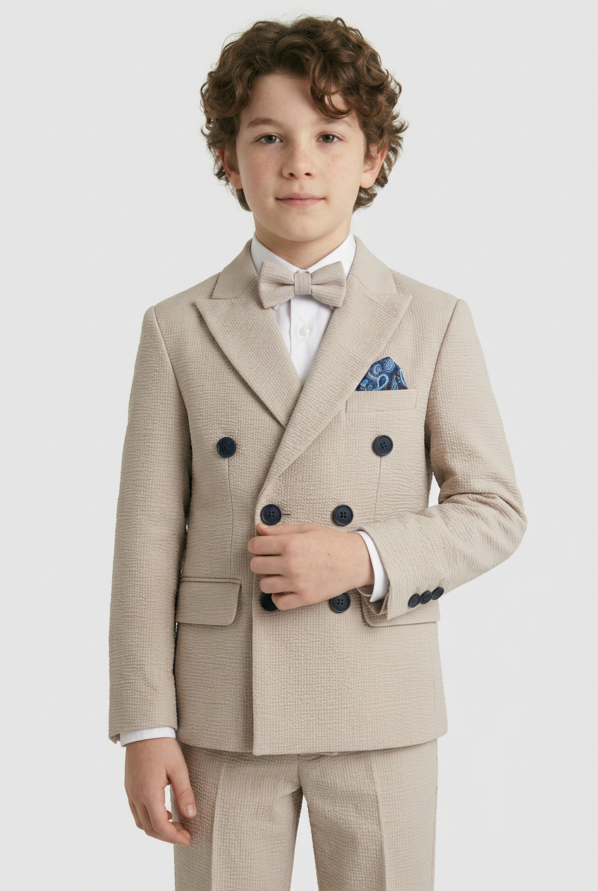 Boys Cotton Seersucker Double Breasted Suit - Beige
