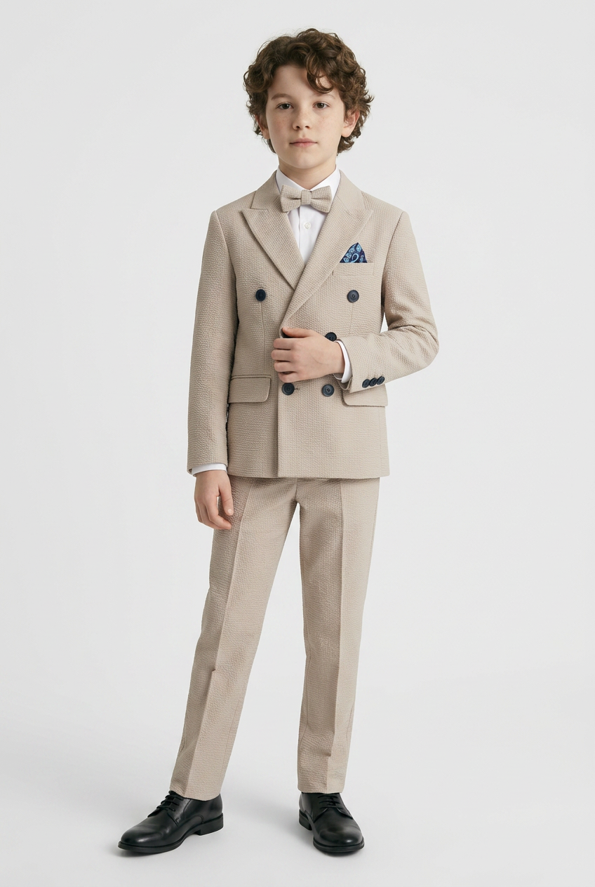 Boys Cotton Seersucker Double Breasted Suit - Beige