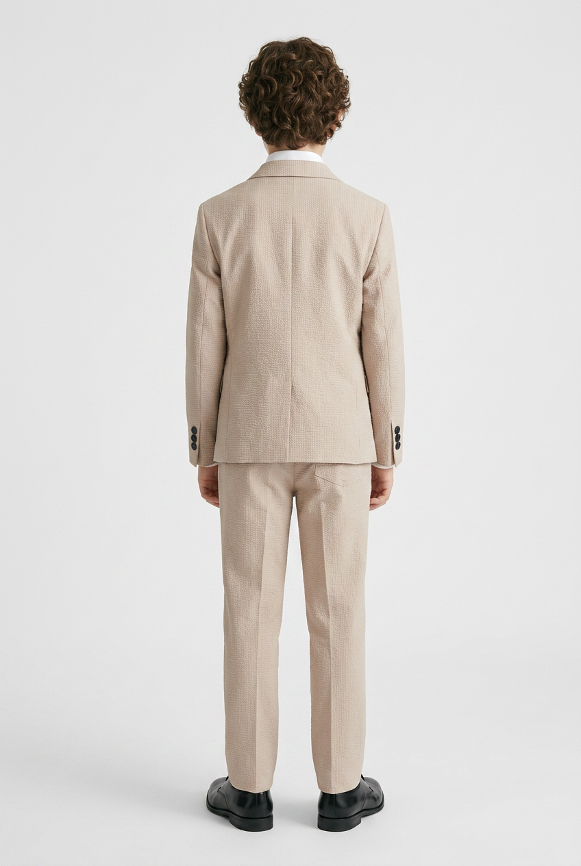 Boys Cotton Seersucker Double Breasted Suit - Beige
