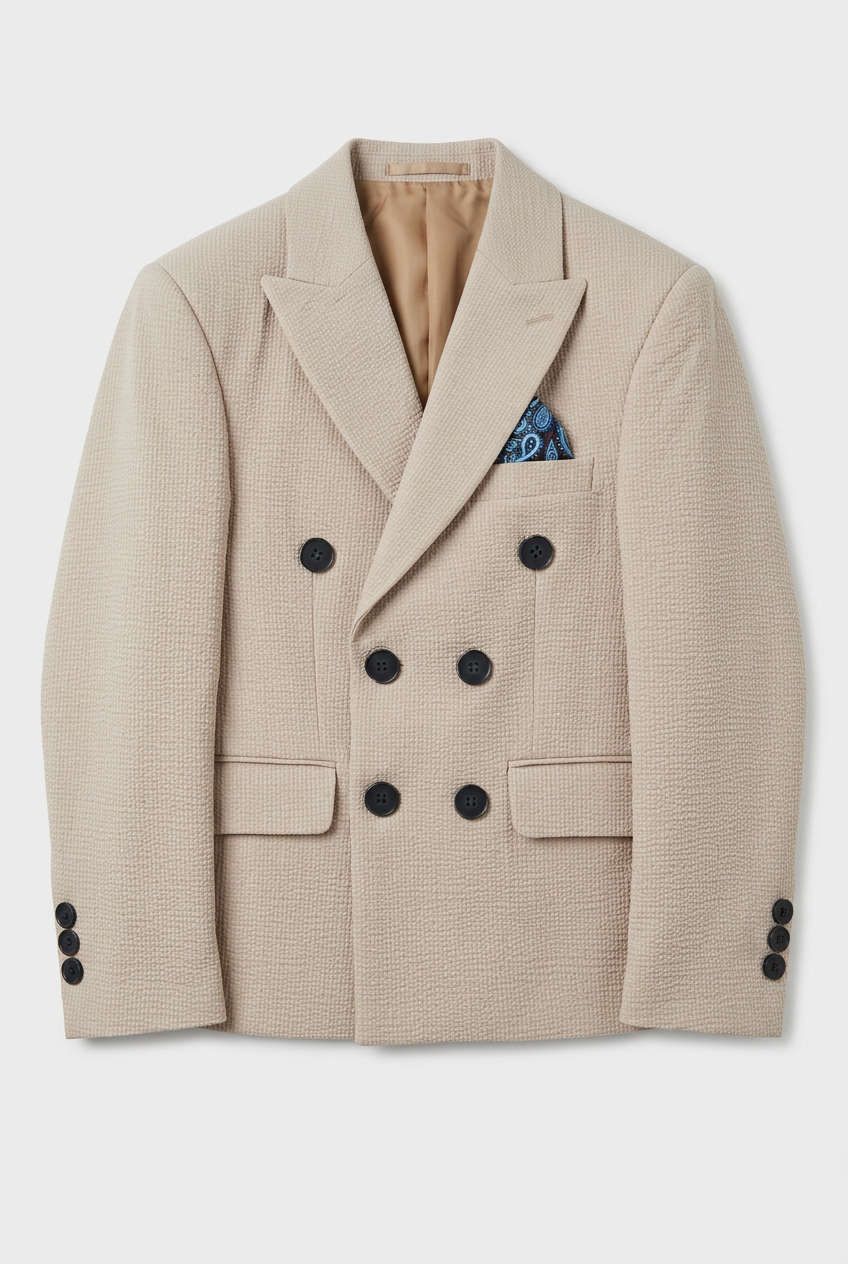 Boys Cotton Seersucker Double Breasted Suit - Beige