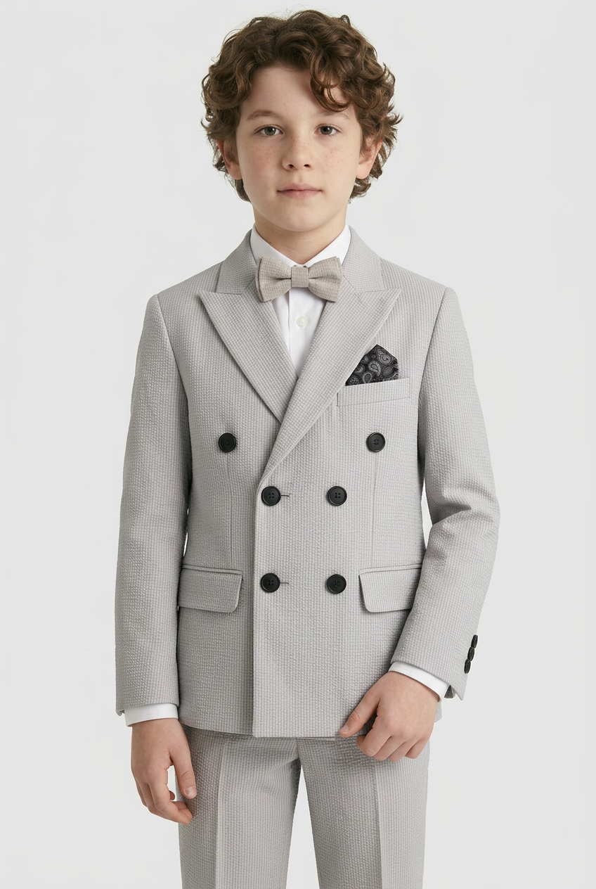 Boys Cotton Seersucker Double Breasted Suit - Grey