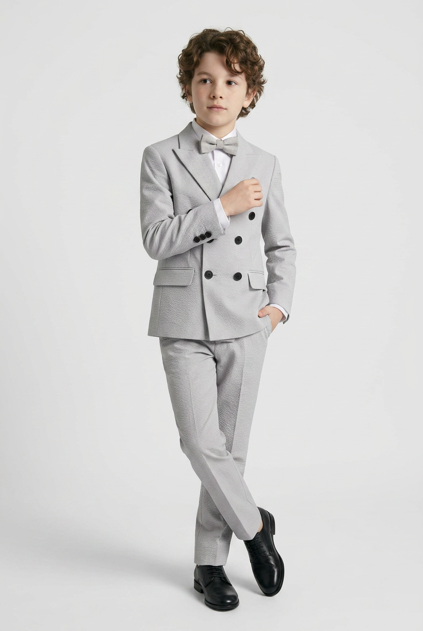 Boys Cotton Seersucker Double Breasted Suit - Grey