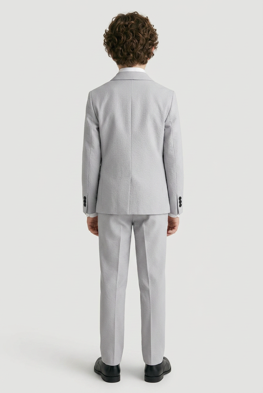 Boys Cotton Seersucker Double Breasted Suit - Grey