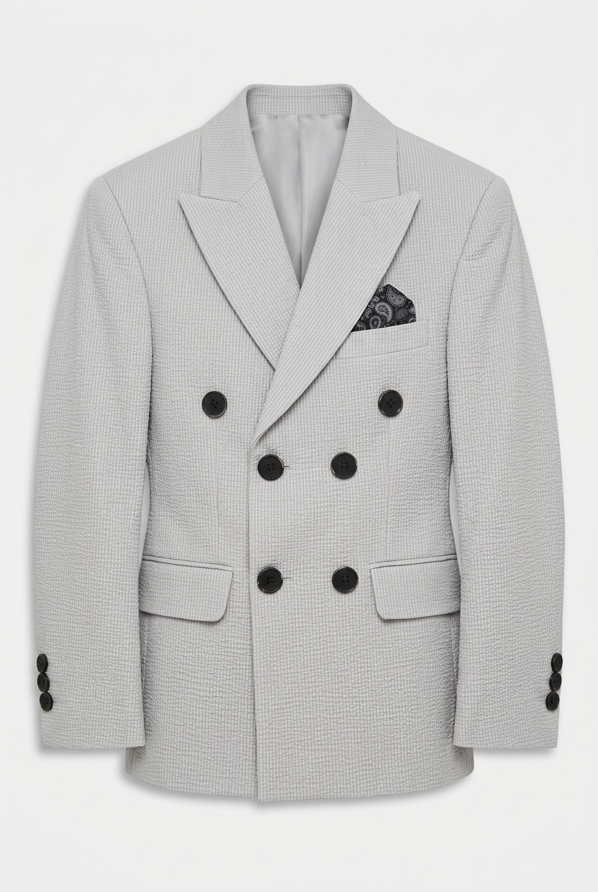 Boys Cotton Seersucker Double Breasted Suit - Grey