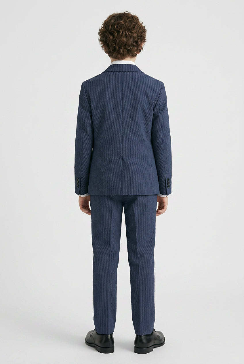 Boys Cotton Seersucker Double Breasted Suit - Navy