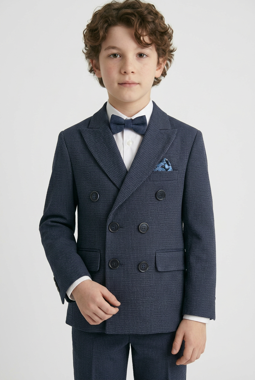 Boys Cotton Seersucker Double Breasted Suit - Navy