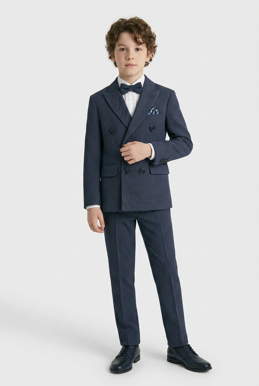 Boys Cotton Seersucker Double Breasted Suit - Navy
