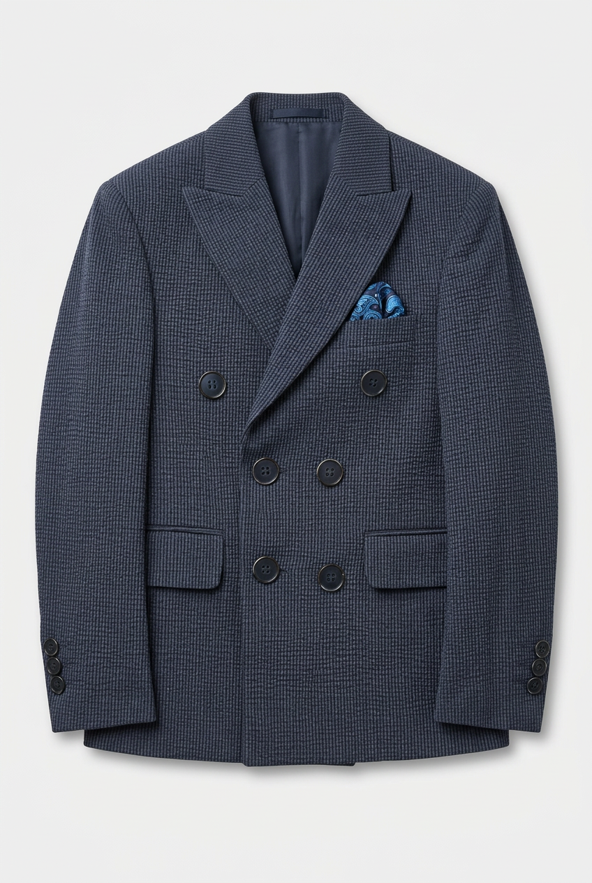 Boys Cotton Seersucker Double Breasted Suit - Navy