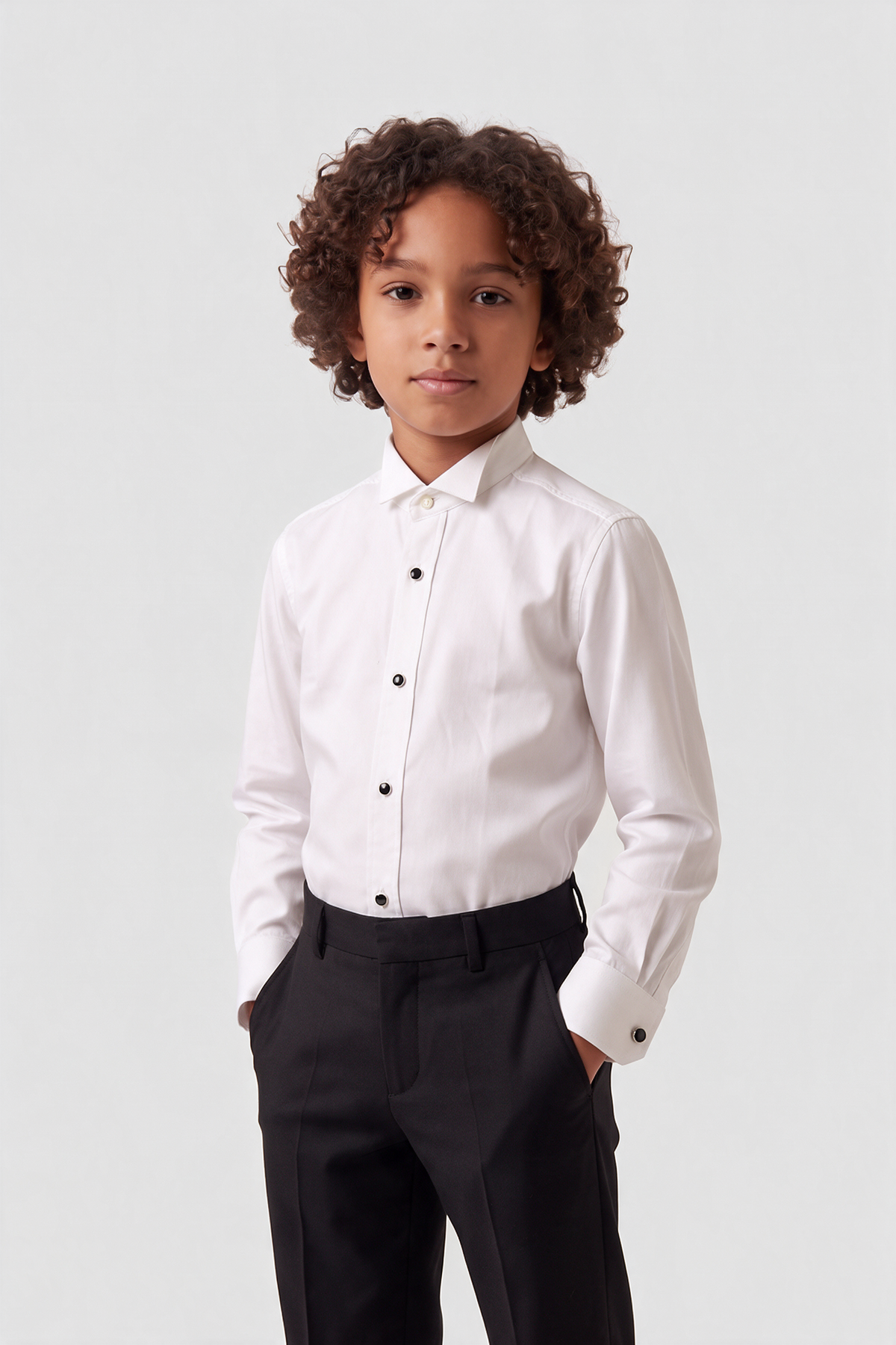 Boys Cotton Tuxedo Shirt with Black Stud Buttons & Cufflinks - Ivory Front Picture