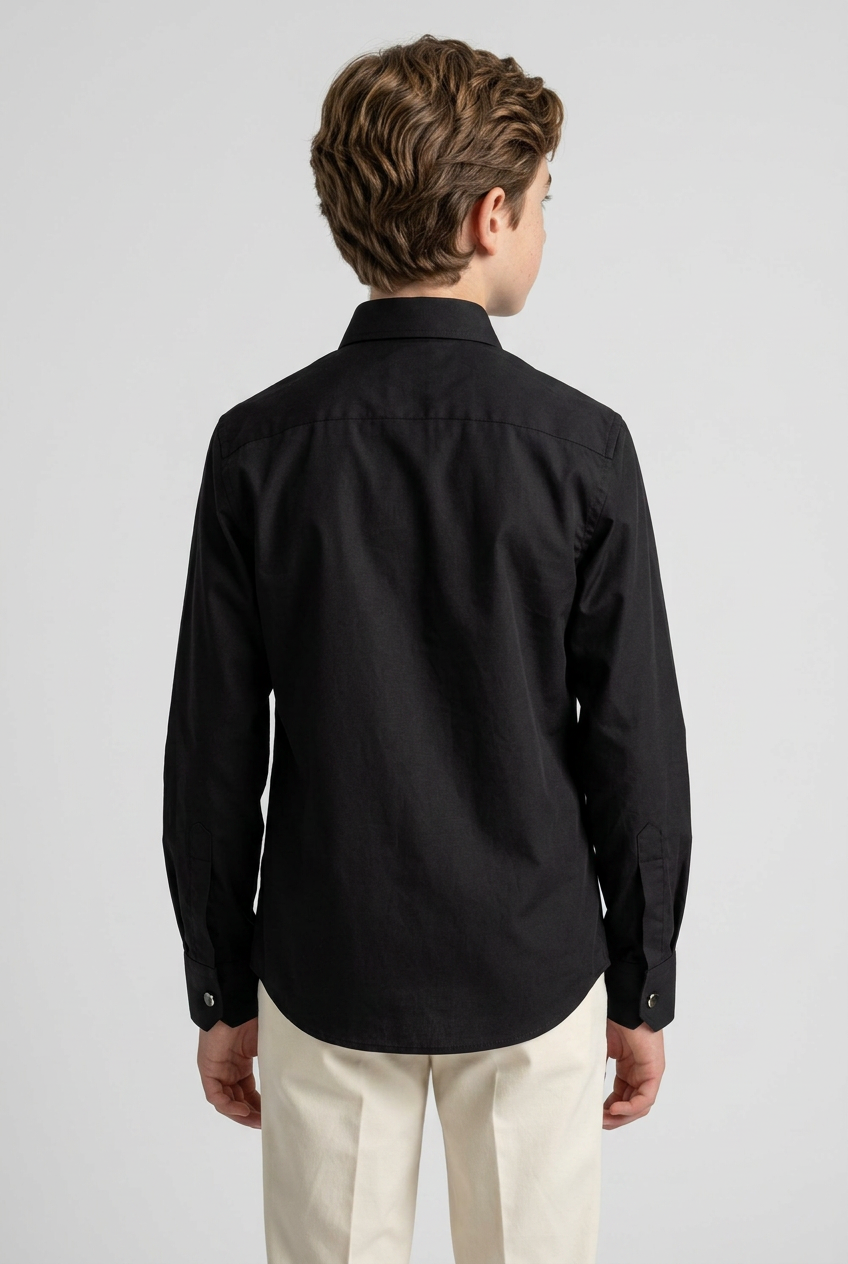 Boys Cotton Wing Collar Pleated Cufflink Shirt  - Black