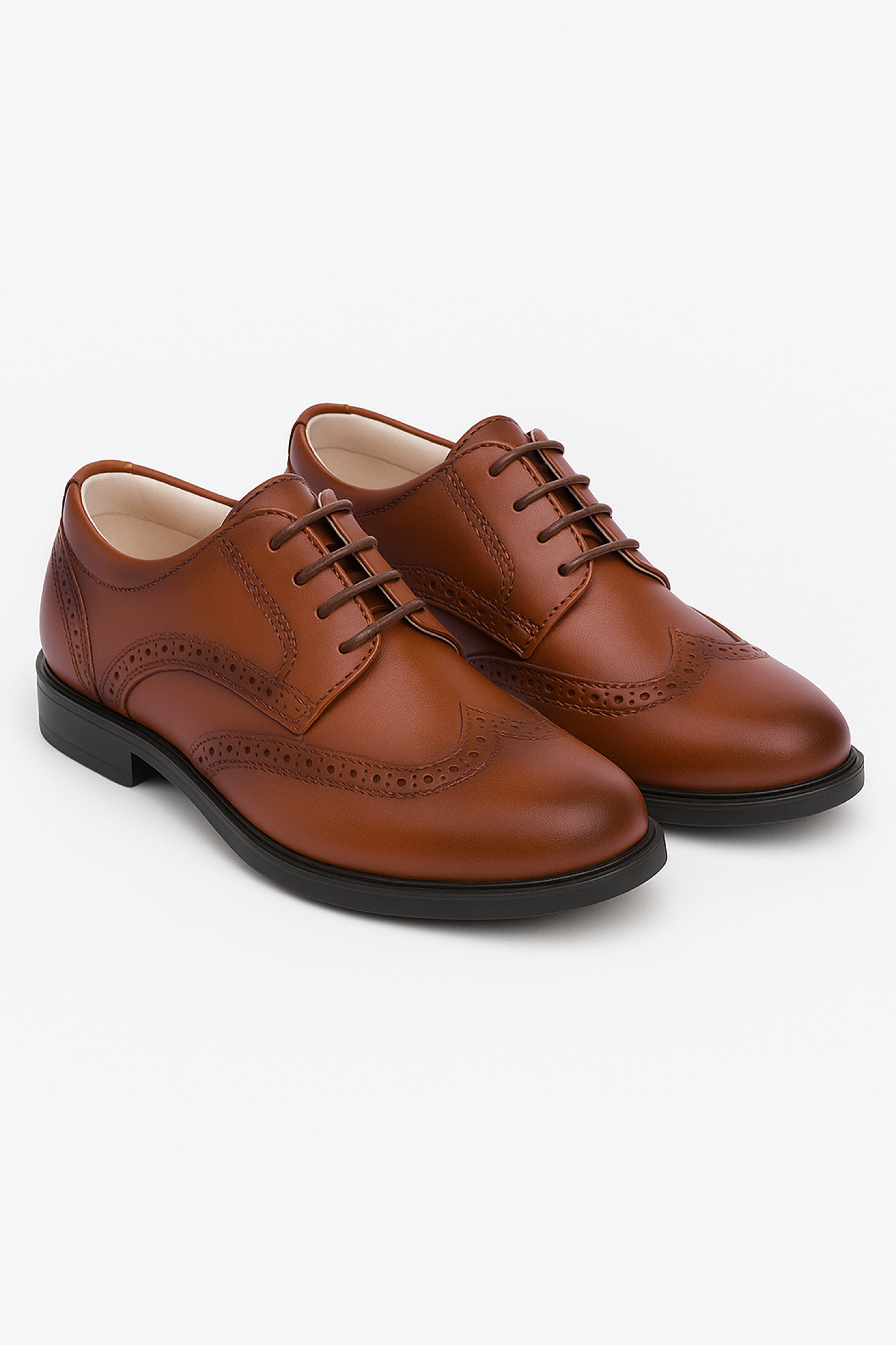Boys Derby Brogue Lace Up Dress Shoes - Tan Brown Pair Side Picture