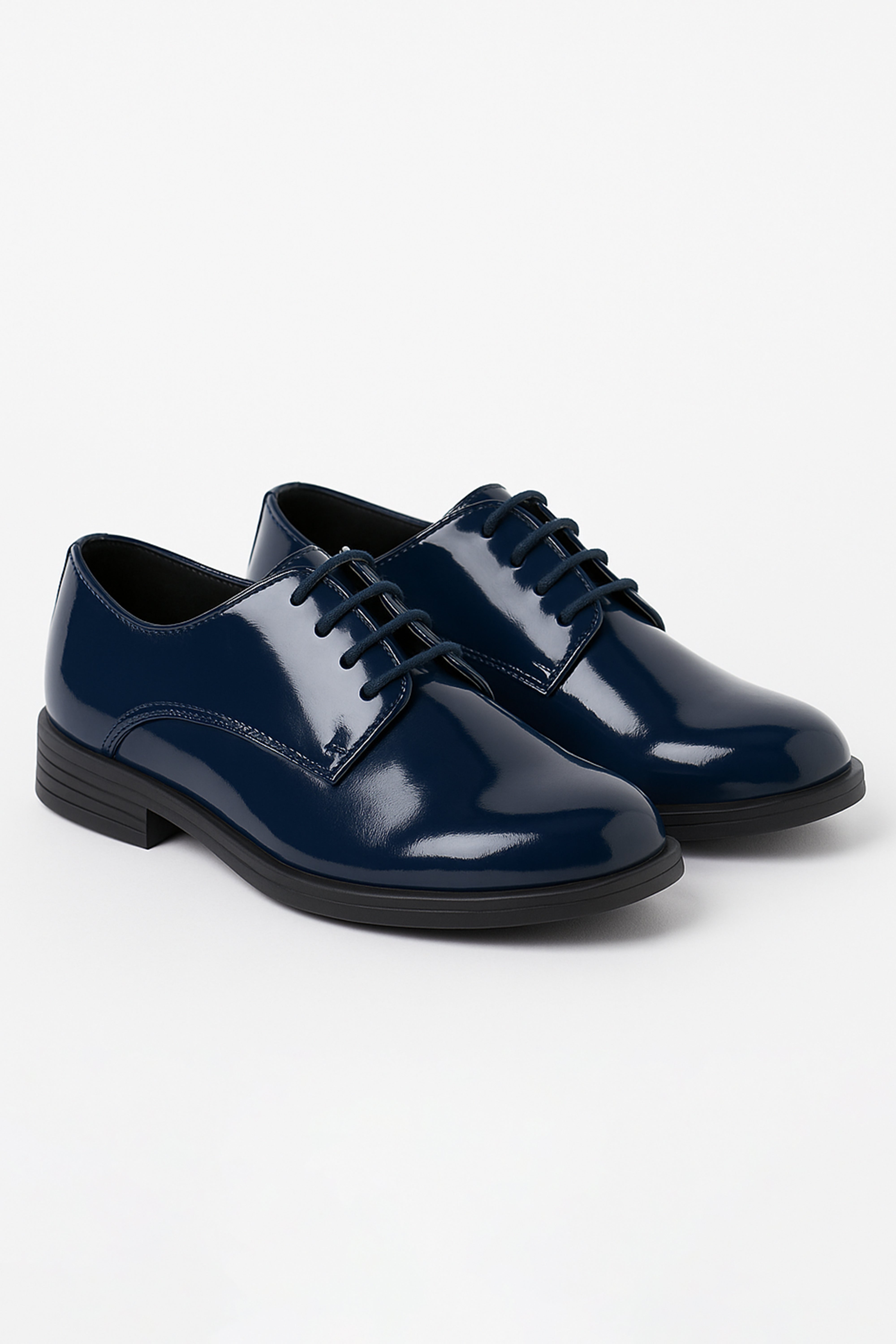 Boys Derby Patent Lace Up Formal Shoes - Navy Blue Pair Side Picture