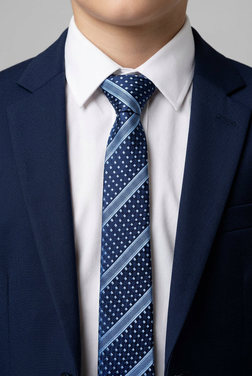 Boys Diagonal Striped Jacquard Slim Tie - Navy & Blue