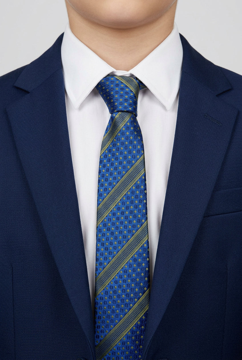 Boys Diagonal Striped Jacquard Slim Tie - Navy & Green