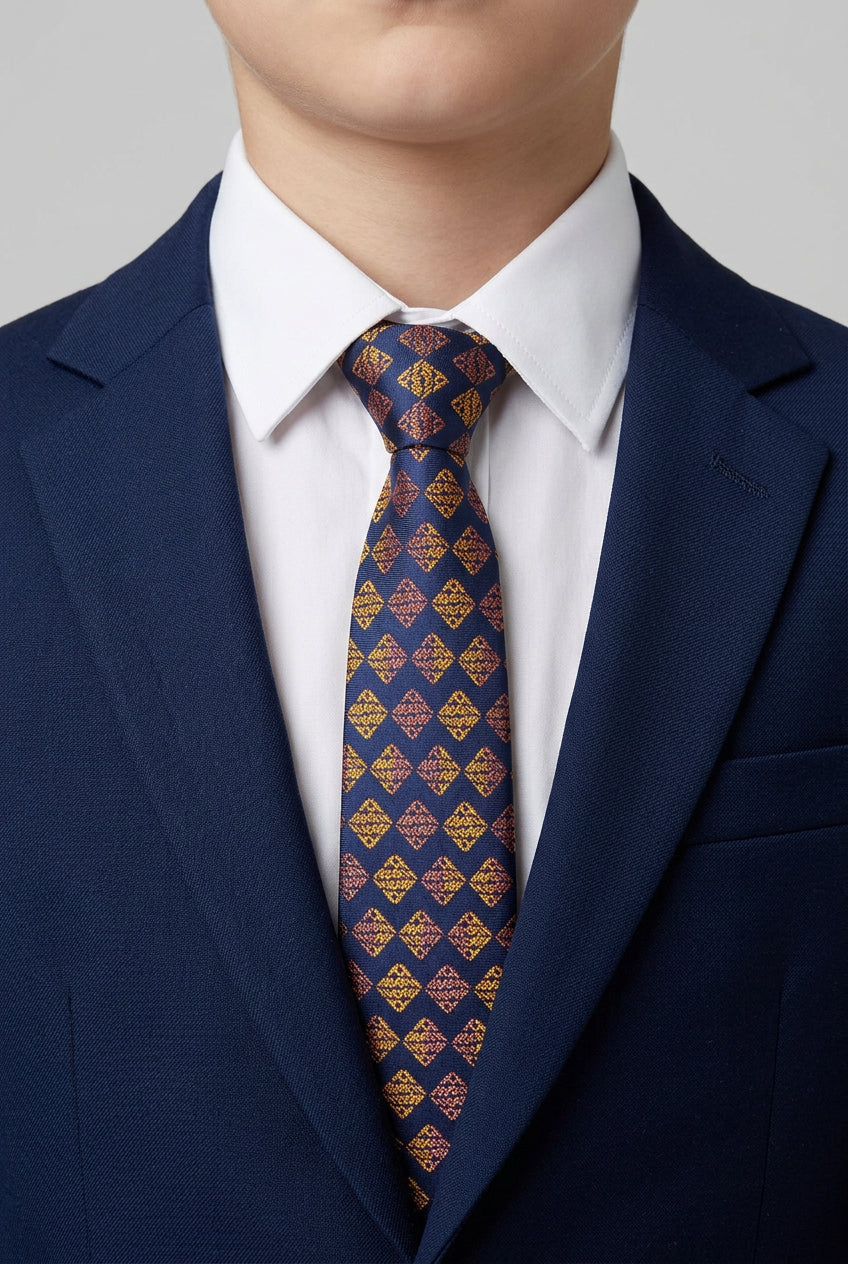 Boys Diamond Jacquard Slim Tie - Navy & Gold