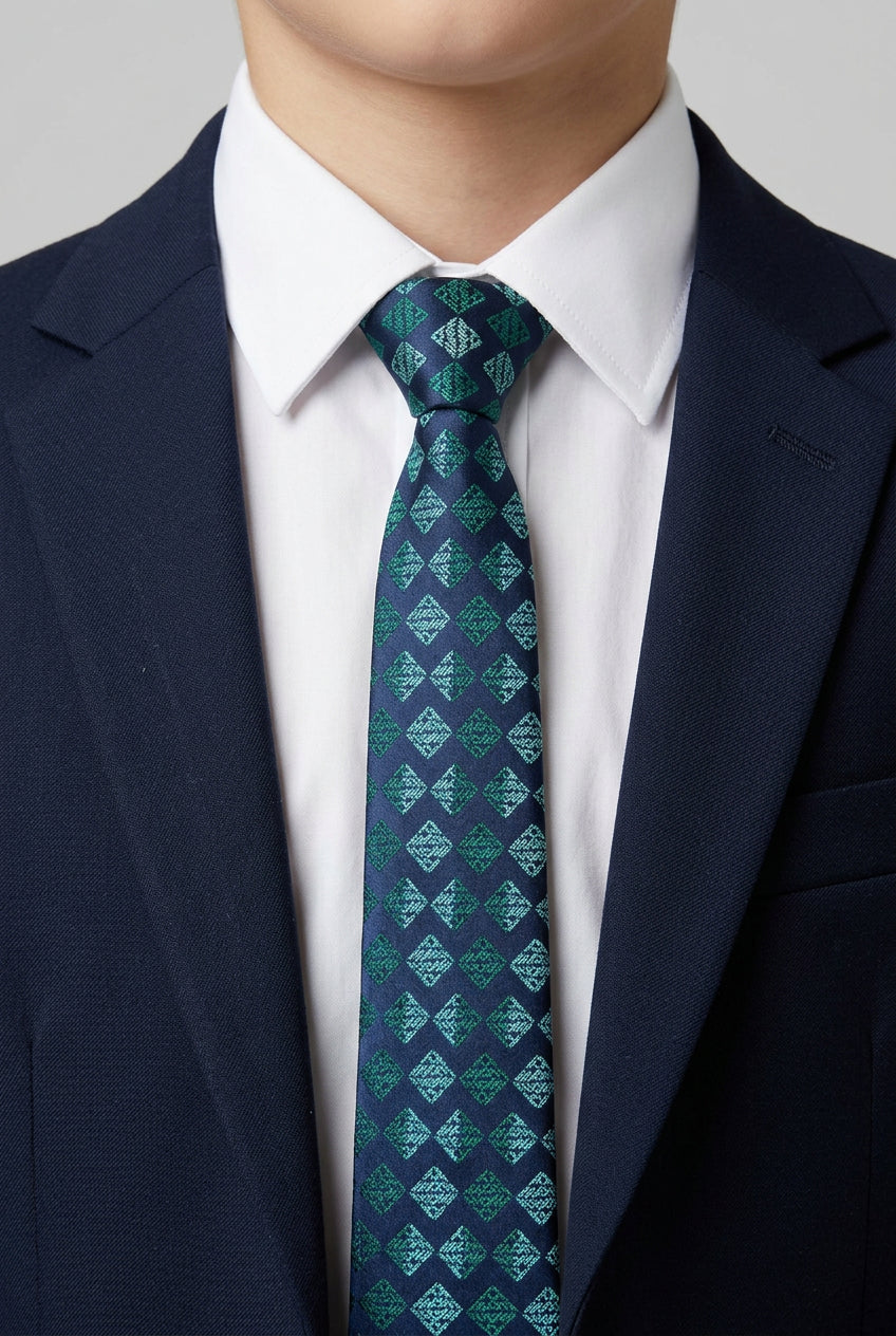 Boys Diamond Jacquard Slim Tie - Navy & Teal