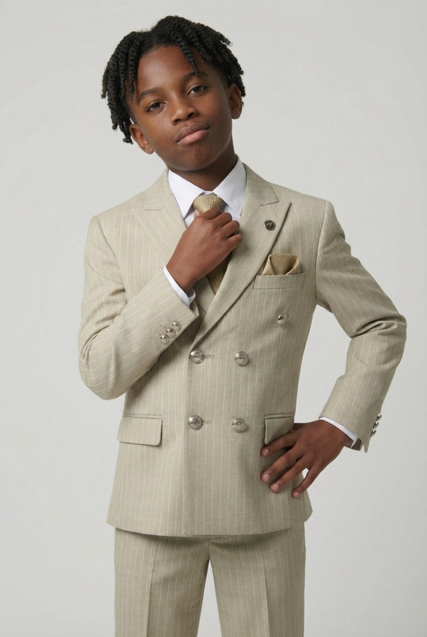 Boys Double-Breasted Pinstripe Suit - 3-Piece & 6-Piece Set - Beige