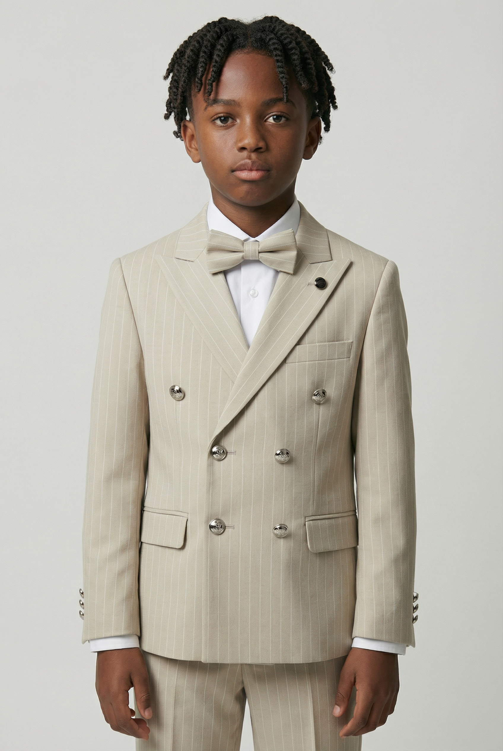 Boys Double-Breasted Pinstripe Suit - 3-Piece & 6-Piece Set - Beige