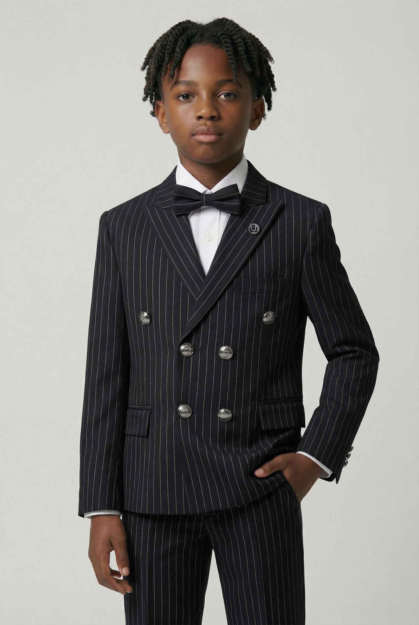 Boys Double-Breasted Pinstripe Suit - 3-Piece & 6-Piece Set - Black