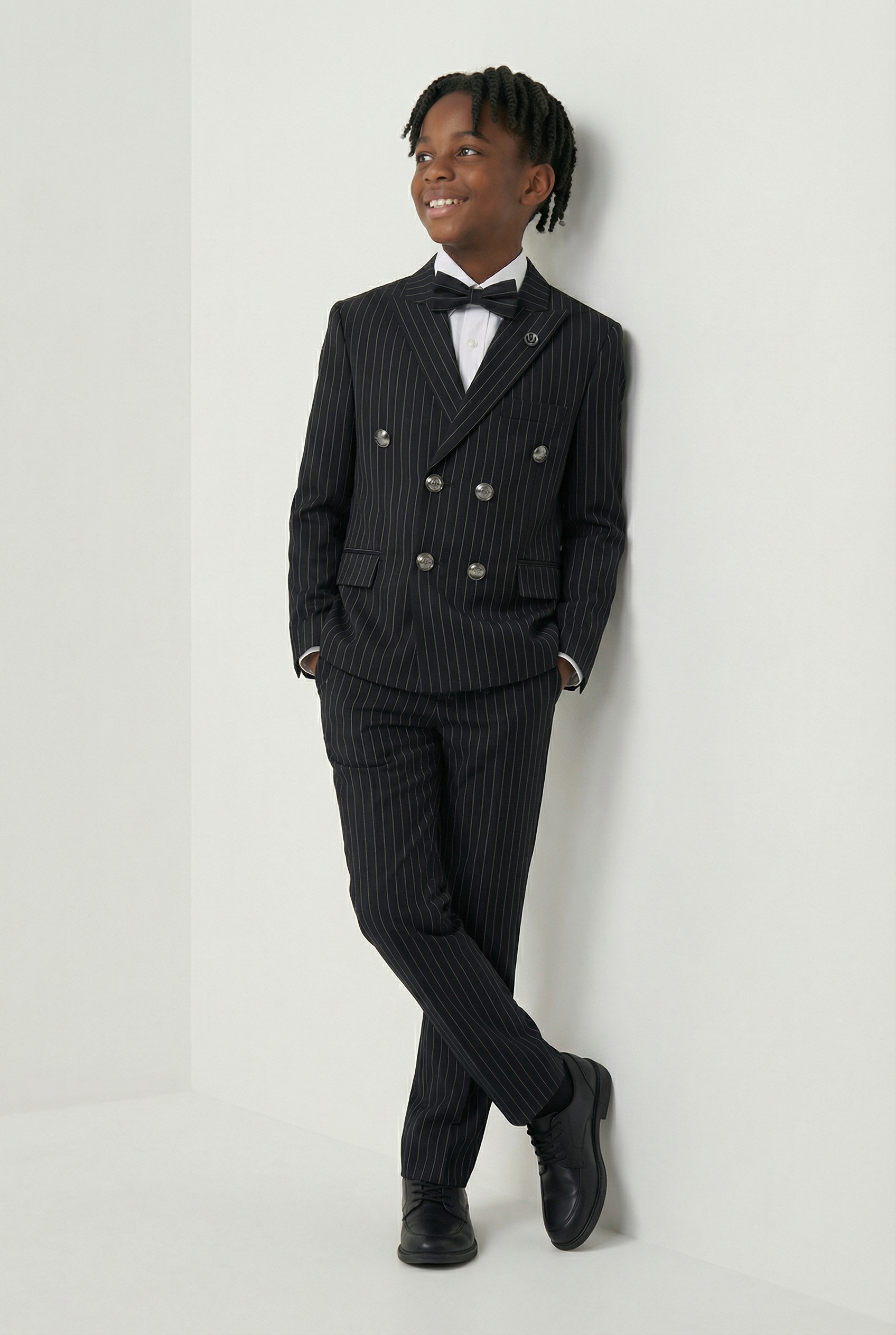 Boys Double-Breasted Pinstripe Suit - 3-Piece & 6-Piece Set - Black