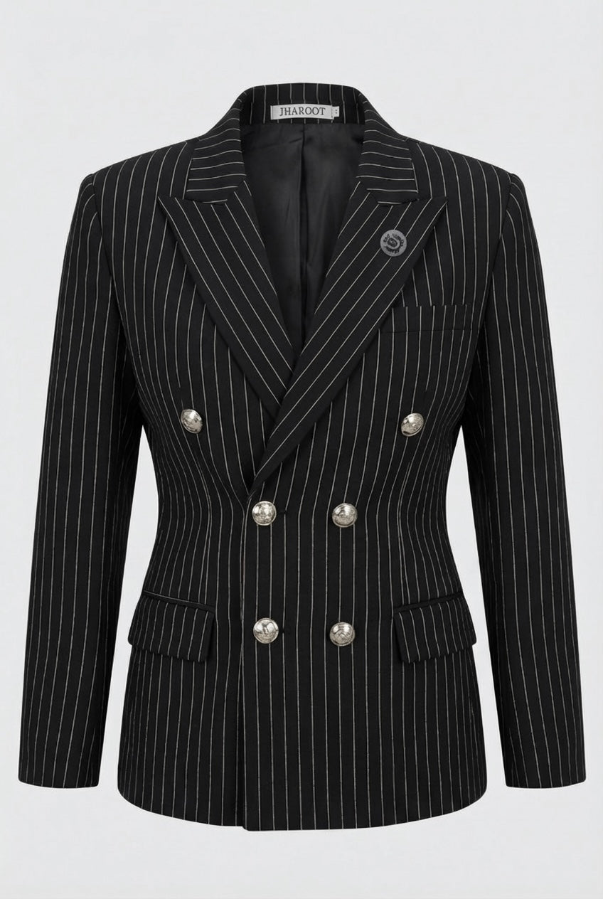Boys Double-Breasted Pinstripe Suit - 3-Piece & 6-Piece Set - Black
