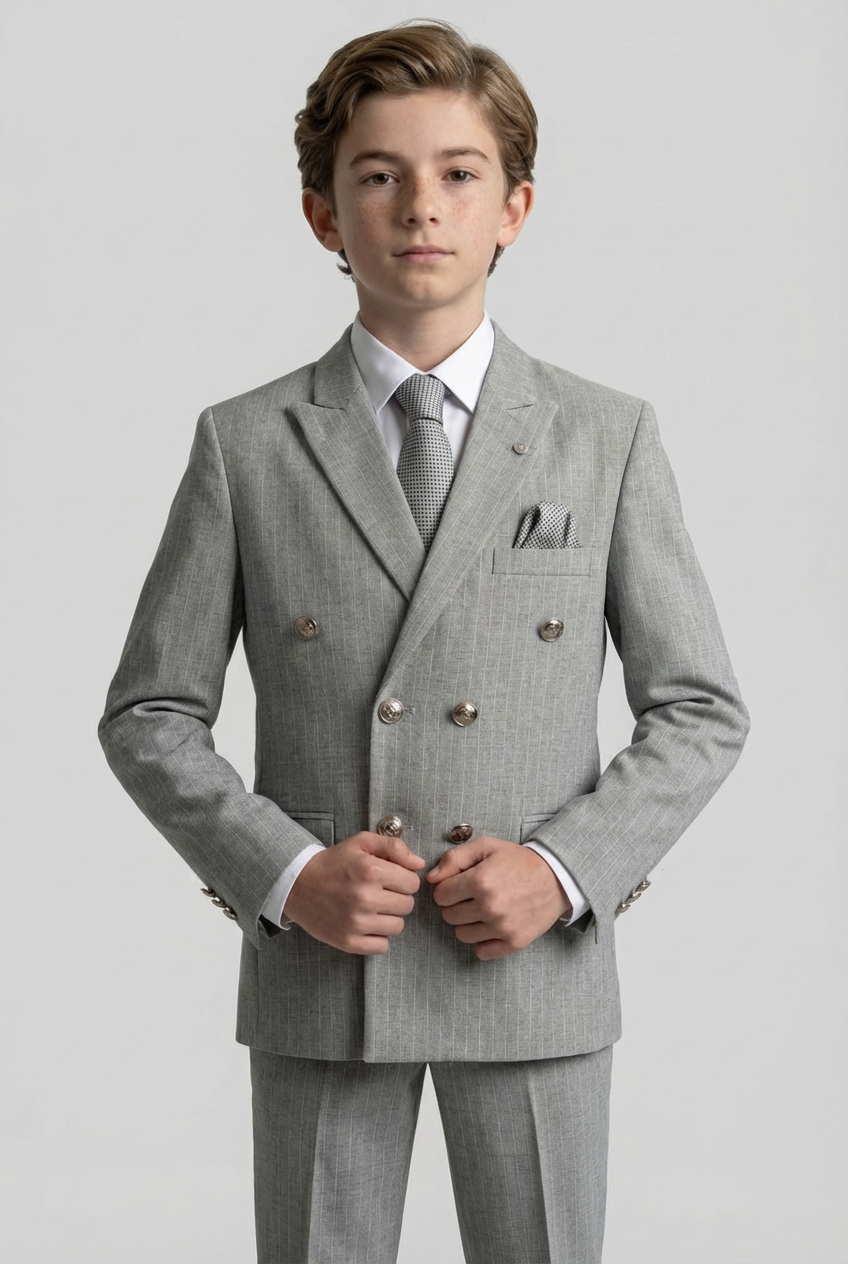 Boys Double-Breasted Pinstripe Suit - 3-Piece & 6-Piece Set - Grey