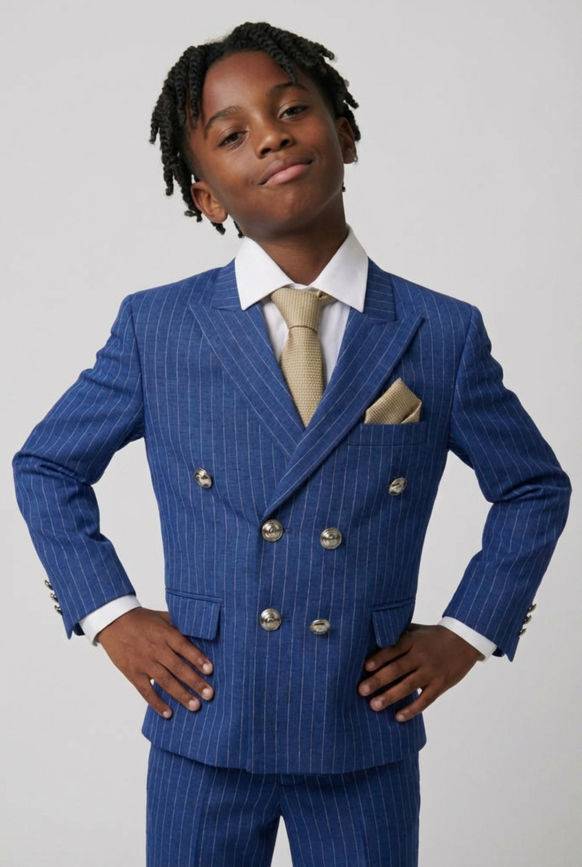 Boys Double-Breasted Pinstripe Suit - 3-Piece & 6-Piece Set - Navy Blue