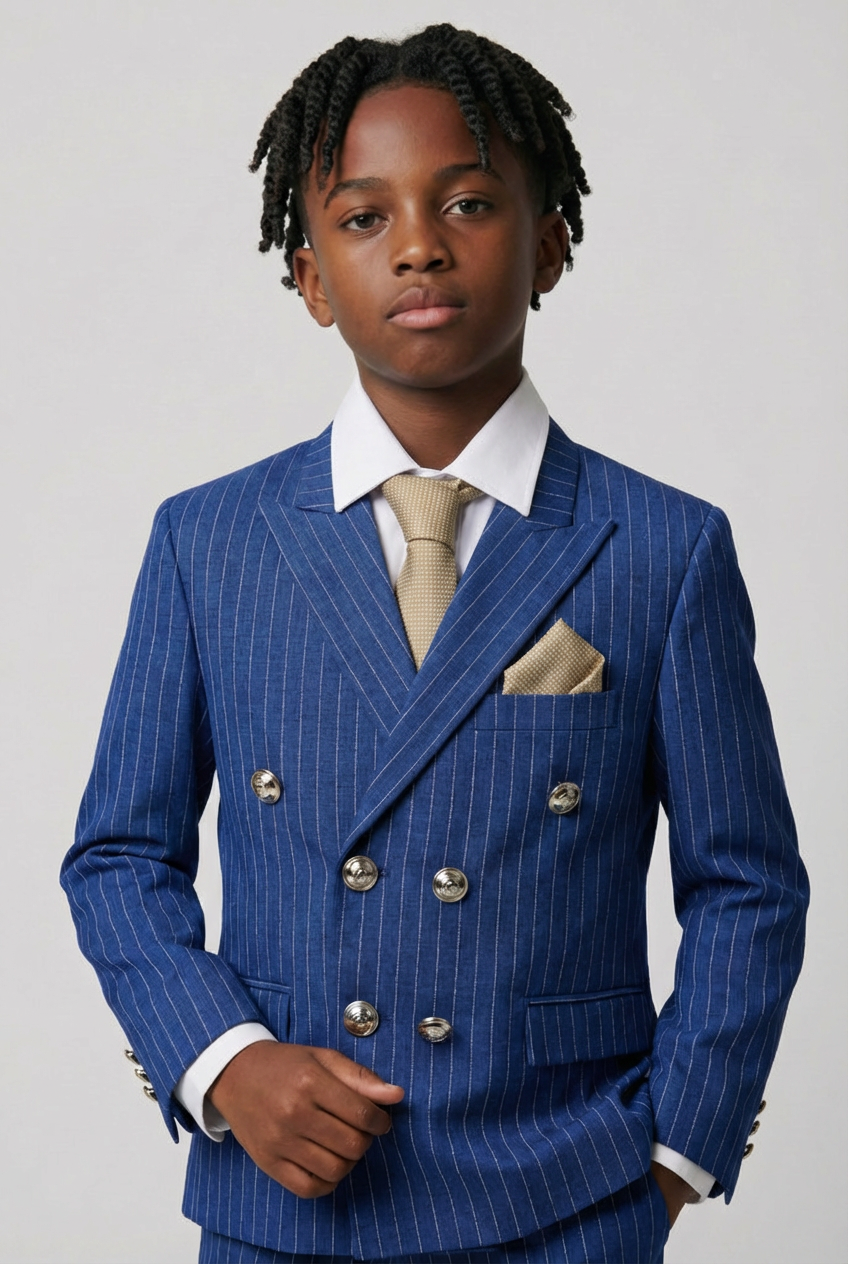 Boys Double-Breasted Pinstripe Suit - 3-Piece & 6-Piece Set - Navy Blue