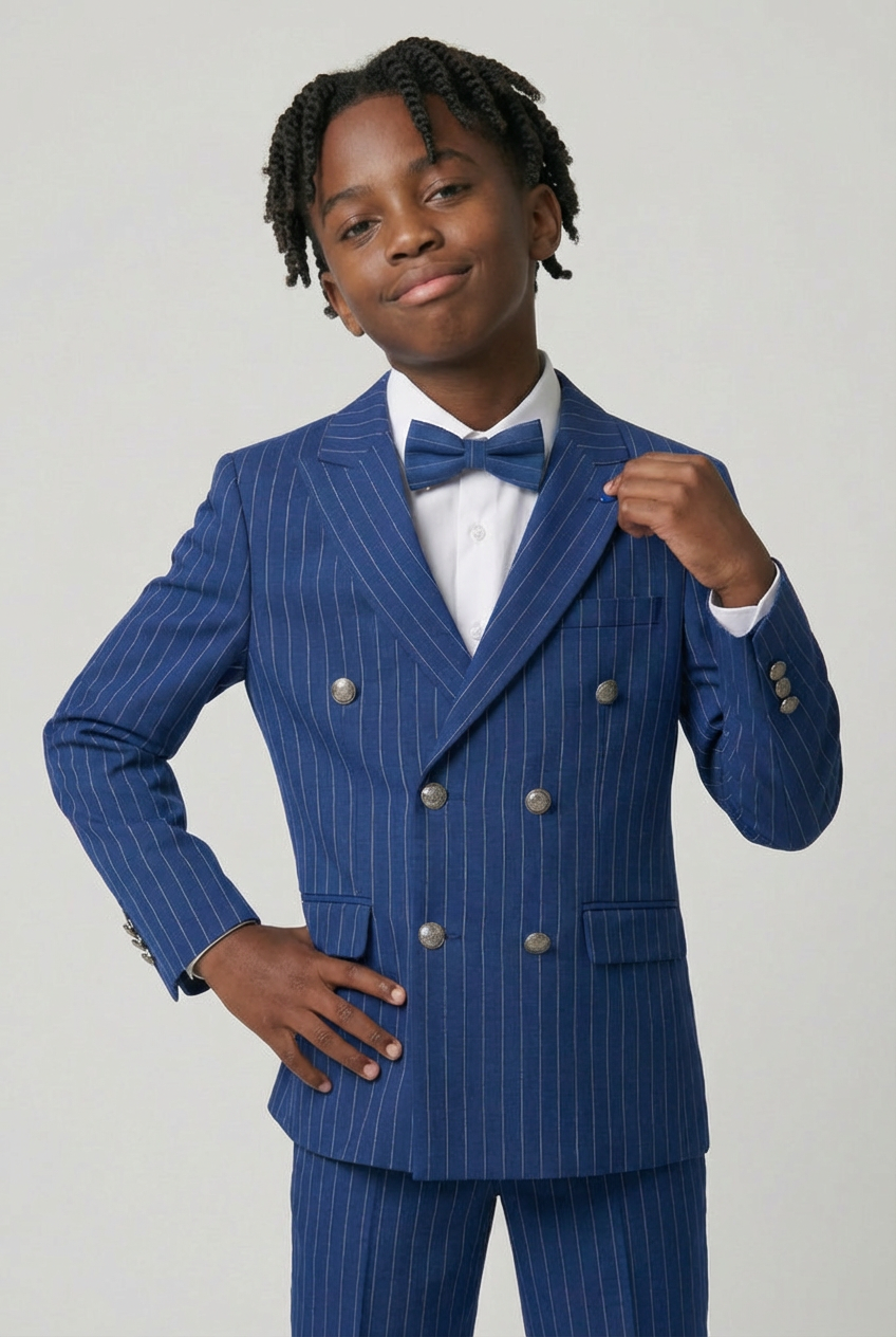 Boys Double-Breasted Pinstripe Suit - 3-Piece & 6-Piece Set - Navy Blue