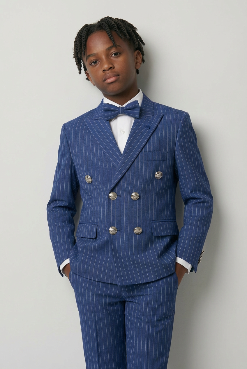 Boys Double-Breasted Pinstripe Suit - 3-Piece & 6-Piece Set - Navy Blue