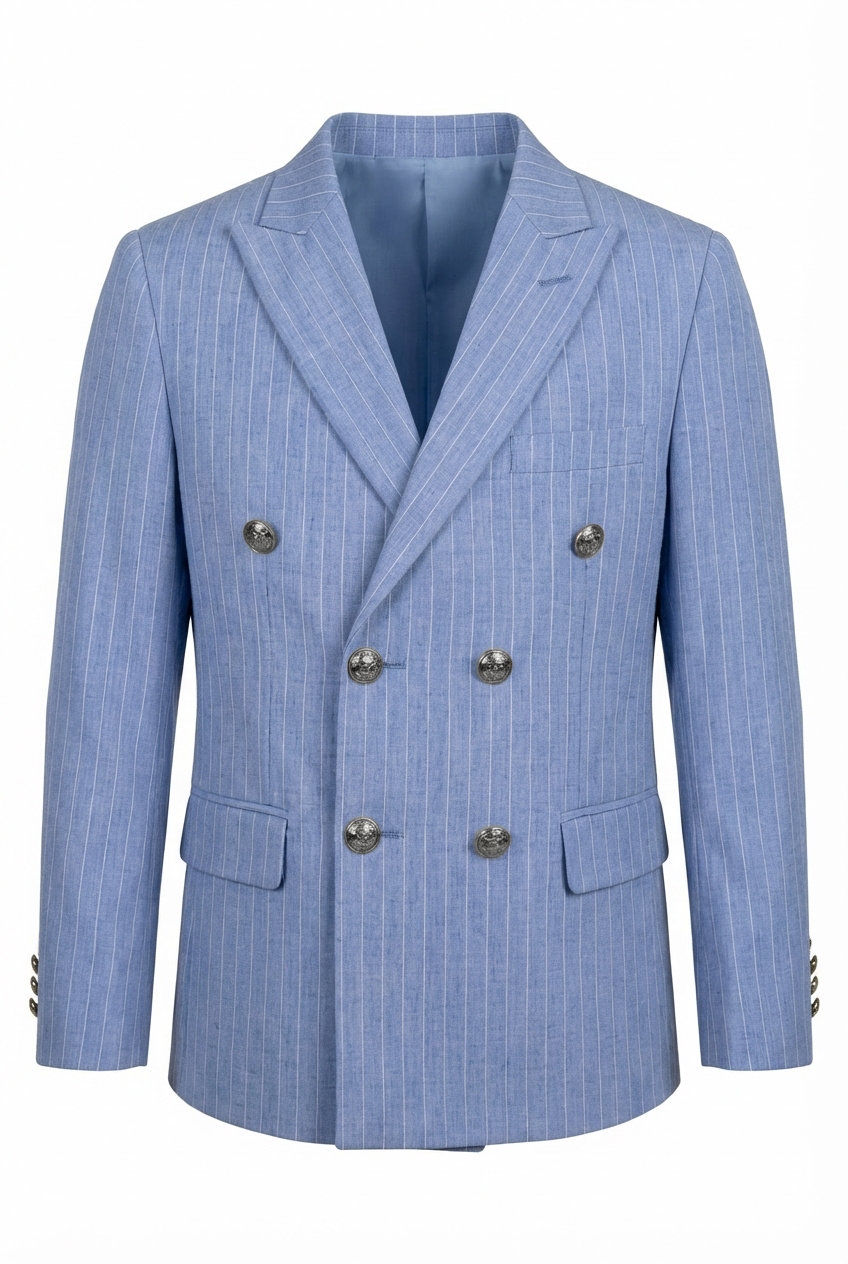 Boys Double-Breasted Pinstripe Suit - 3-Piece & 6-Piece Set - Sky Blue