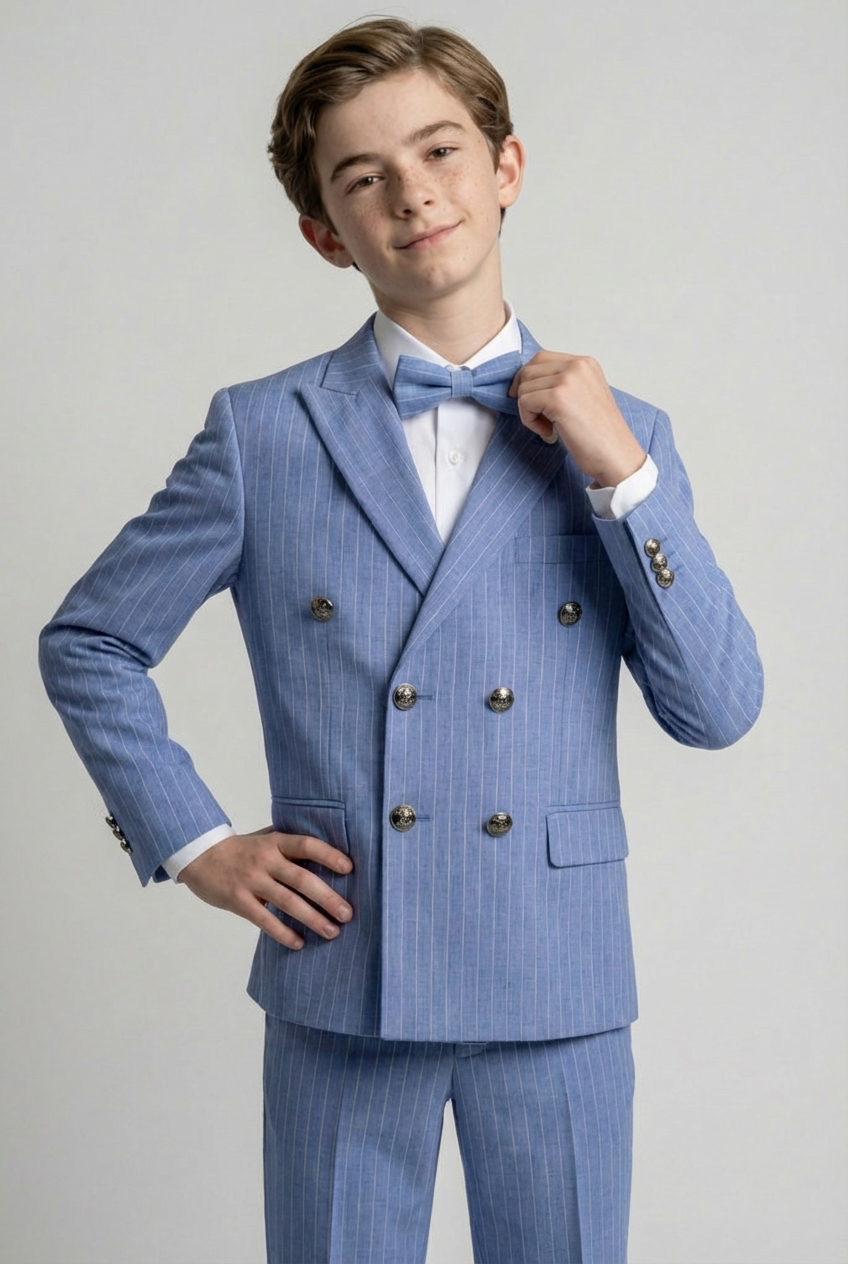 Boys Double-Breasted Pinstripe Suit - 3-Piece & 6-Piece Set - Sky Blue