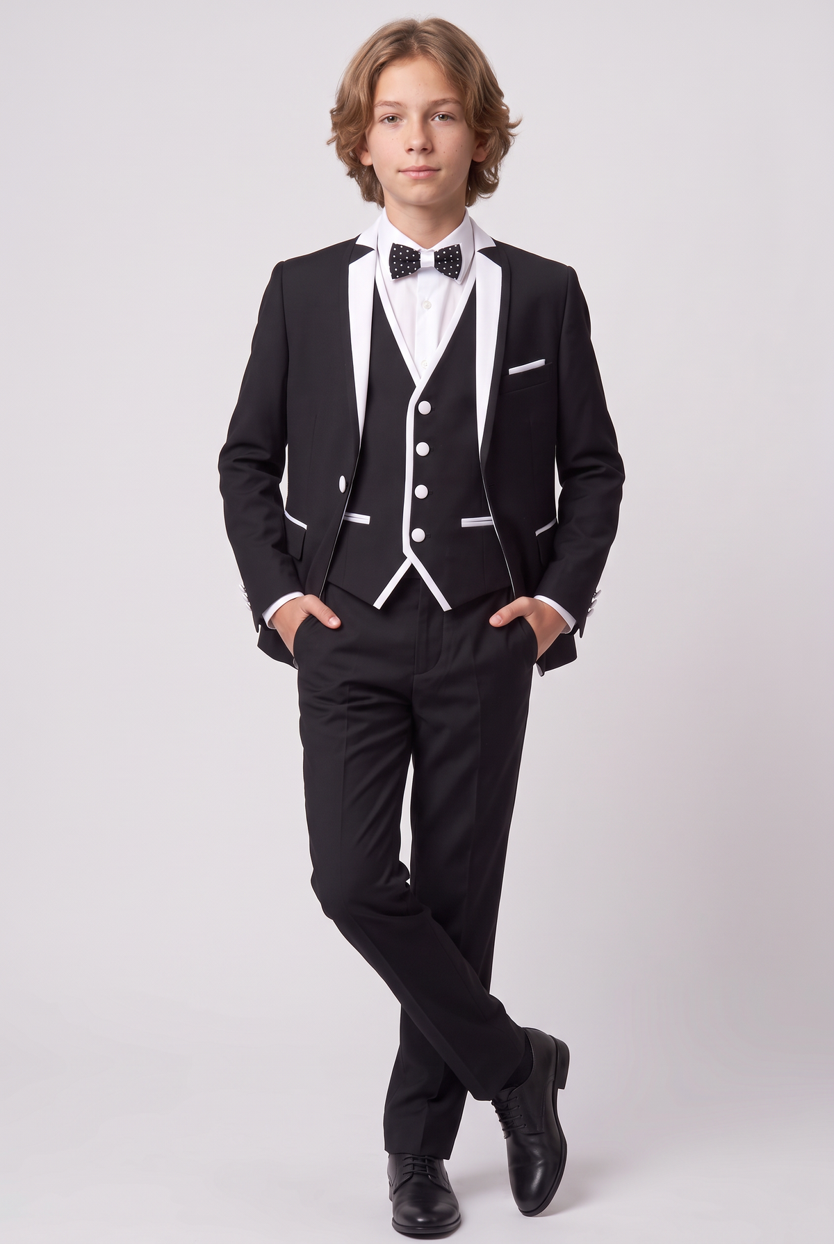 Boys Exclusive Piping Tuxedo Suit - Black - White