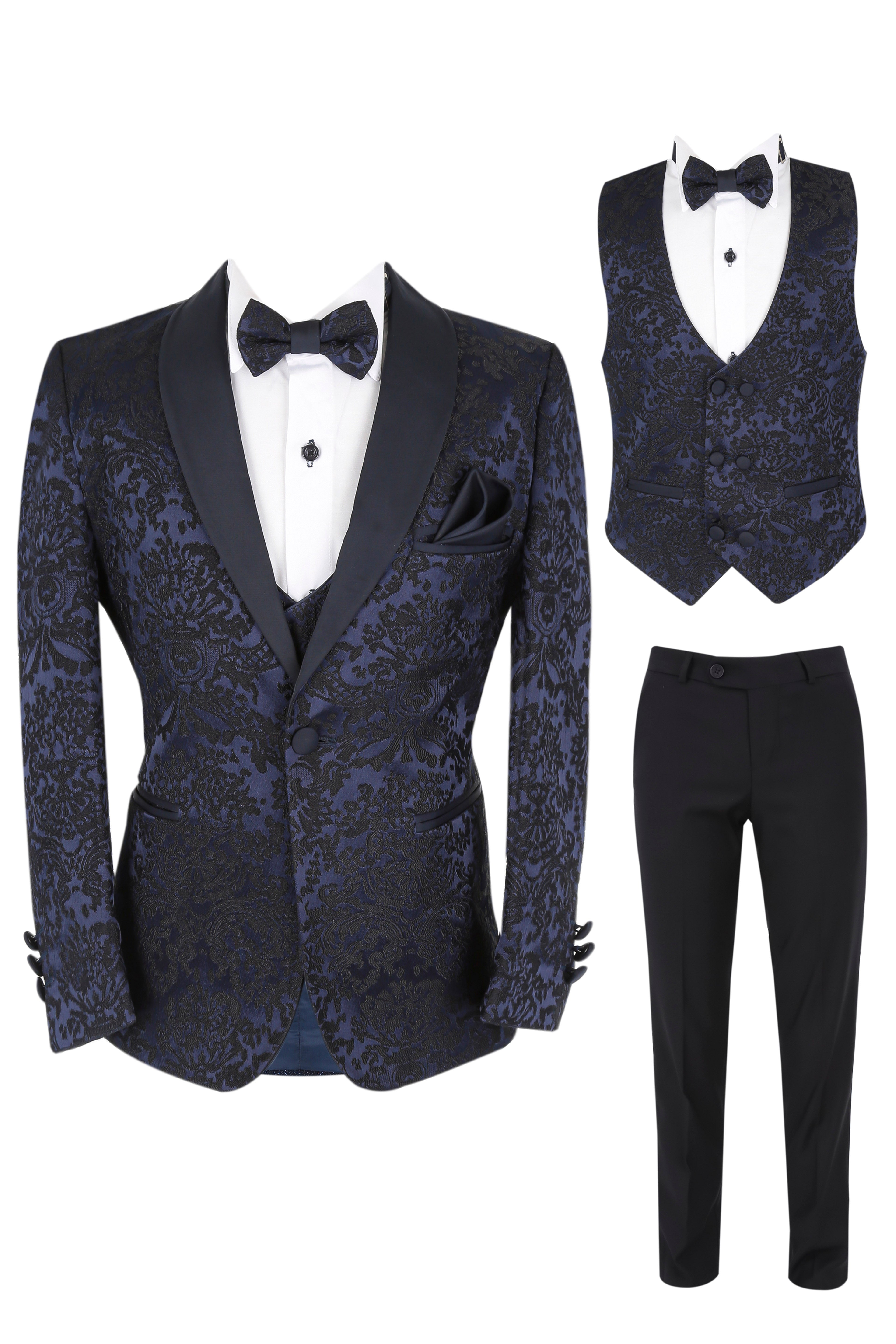 Boys Floral Embroidered Tuxedo Suit Set - Navy Blue Set Picture