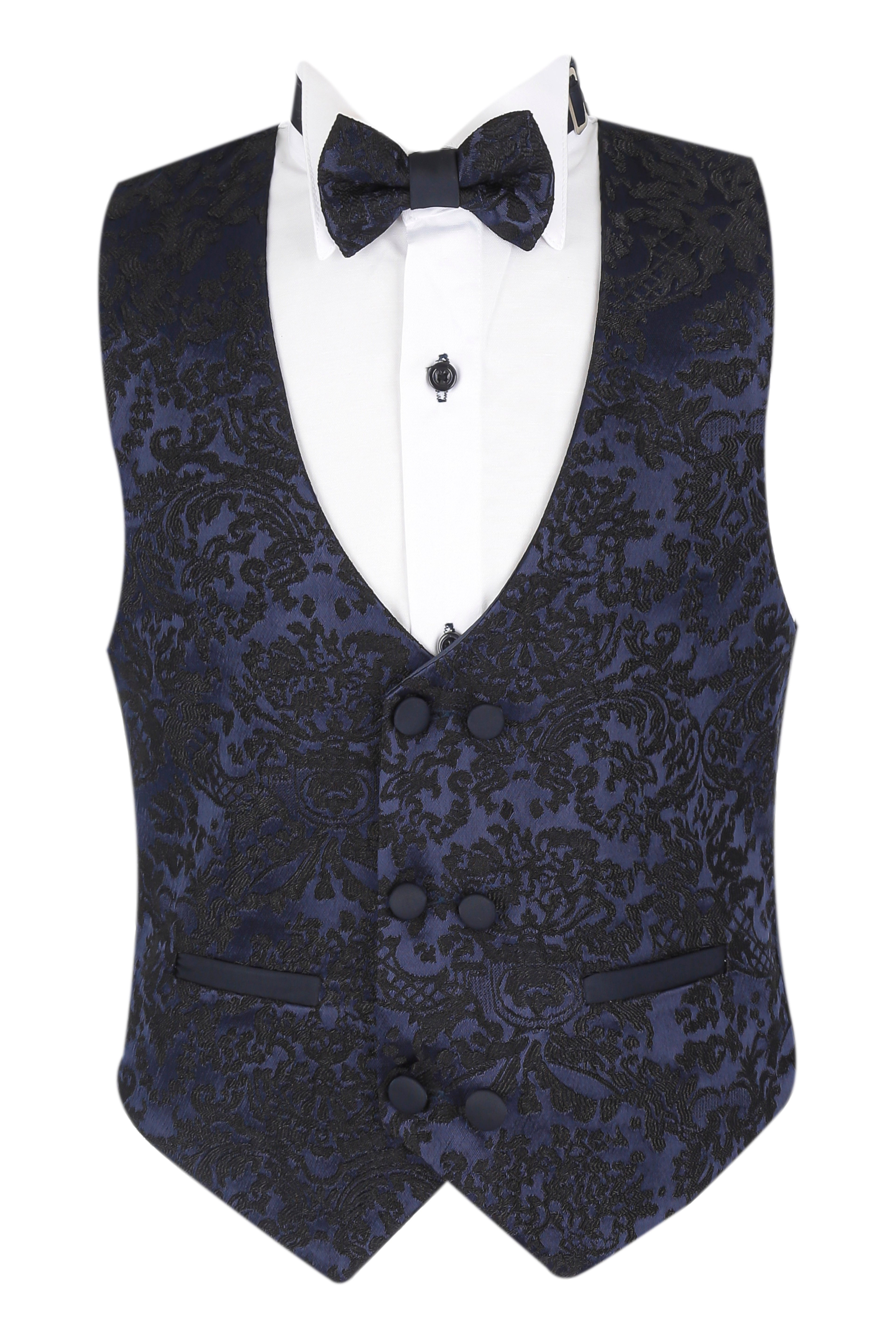 Boys Floral Embroidered Tuxedo Suit Set - Navy Blue Waistcoat Picture