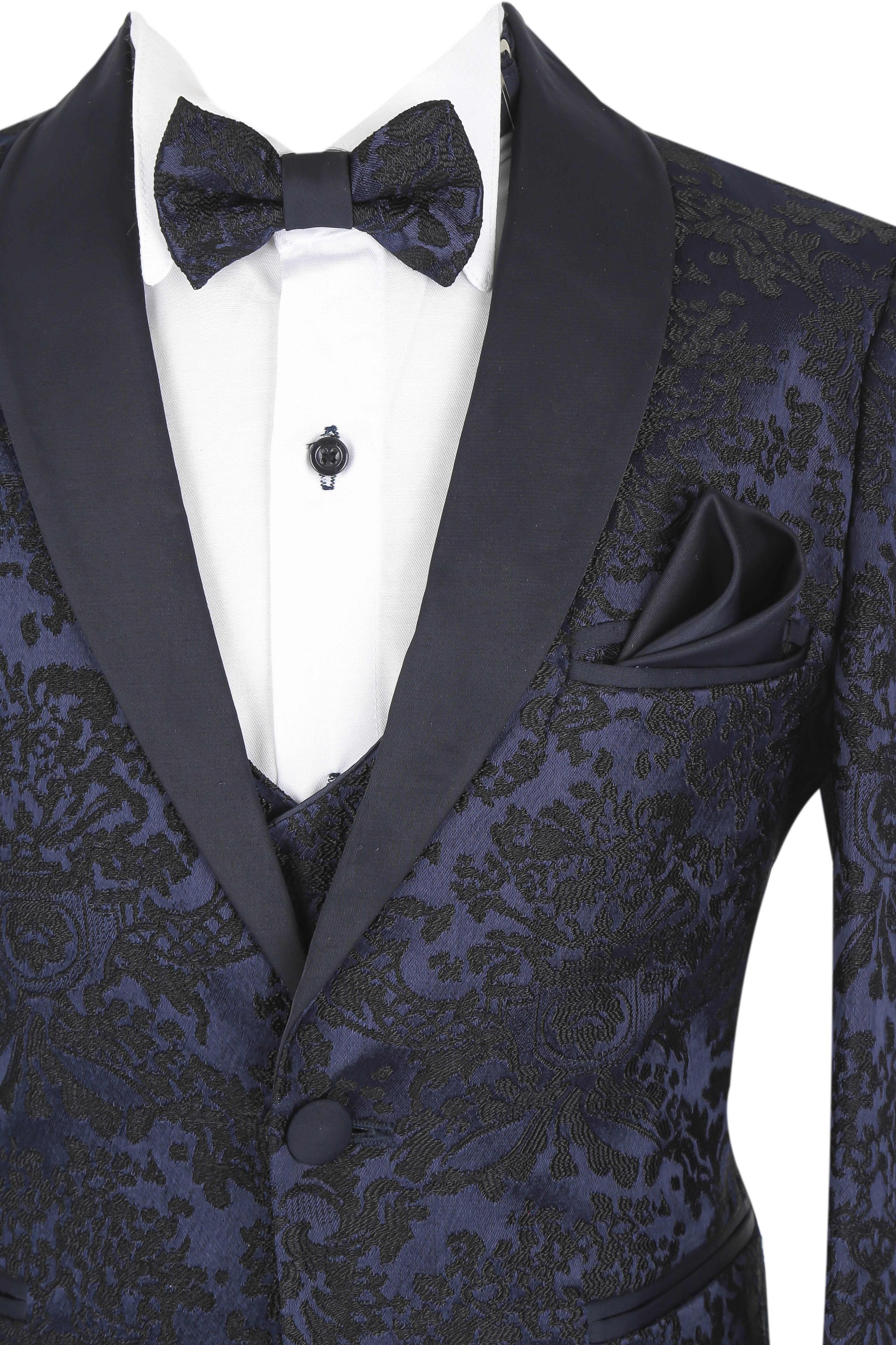 Boys Floral Embroidered Tuxedo Suit Set - Navy Blue Detail Picture