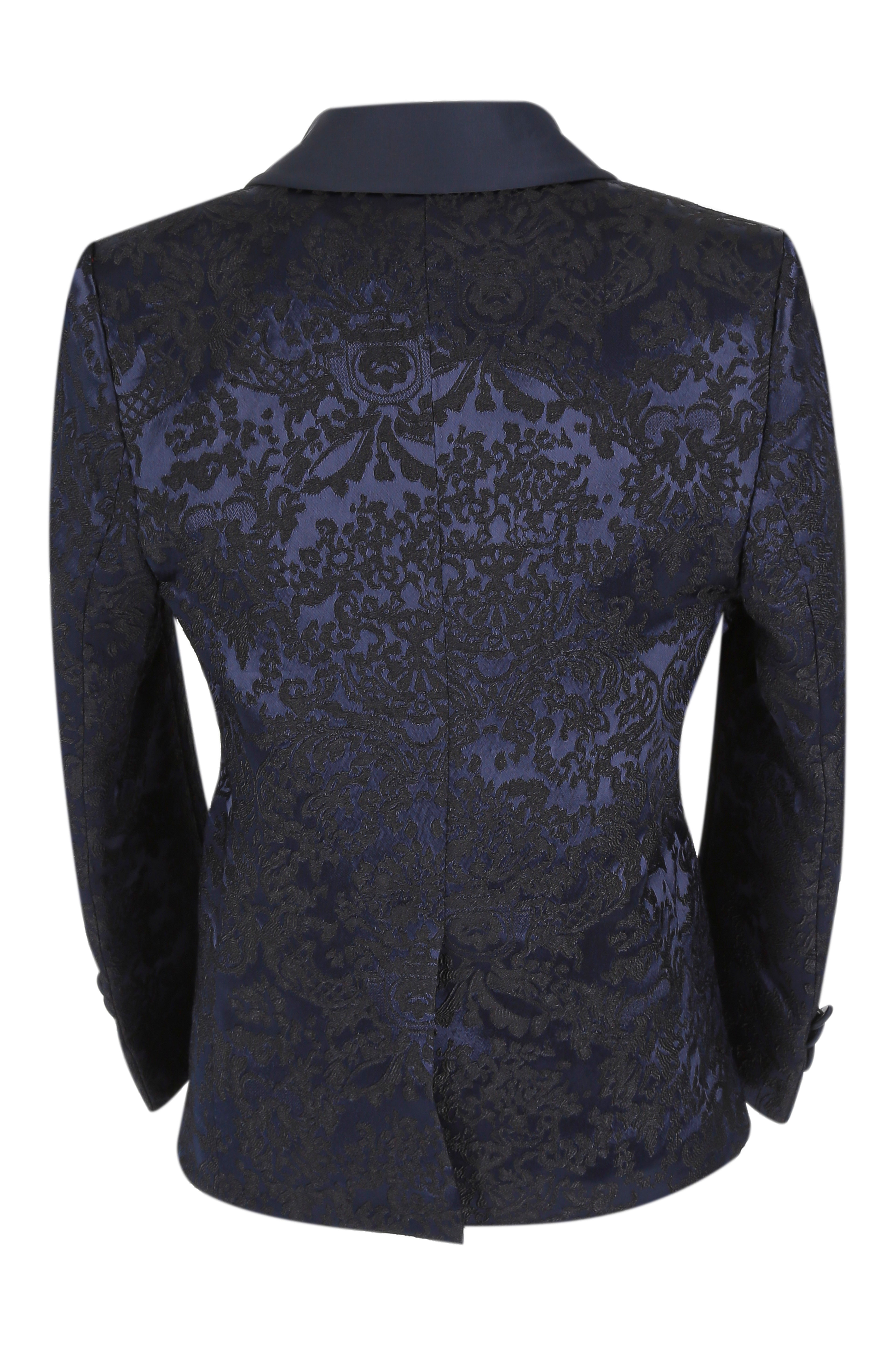 Boys Floral Embroidered Tuxedo Suit Set - Navy Blue Blazer Back Picture