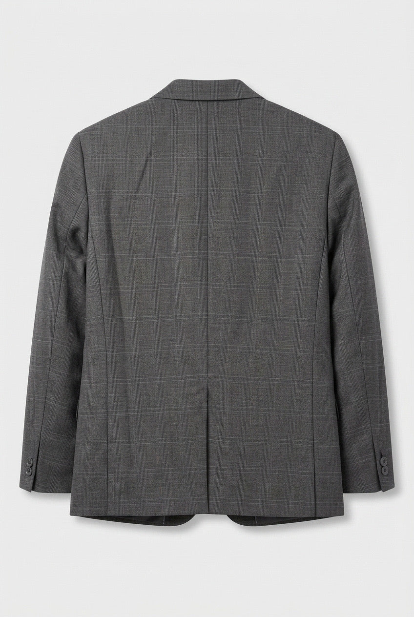 Boys Formal Wear Check Suit Wedding Windowpane 5 Piece Set in Dark Grey Blazer Back Picture