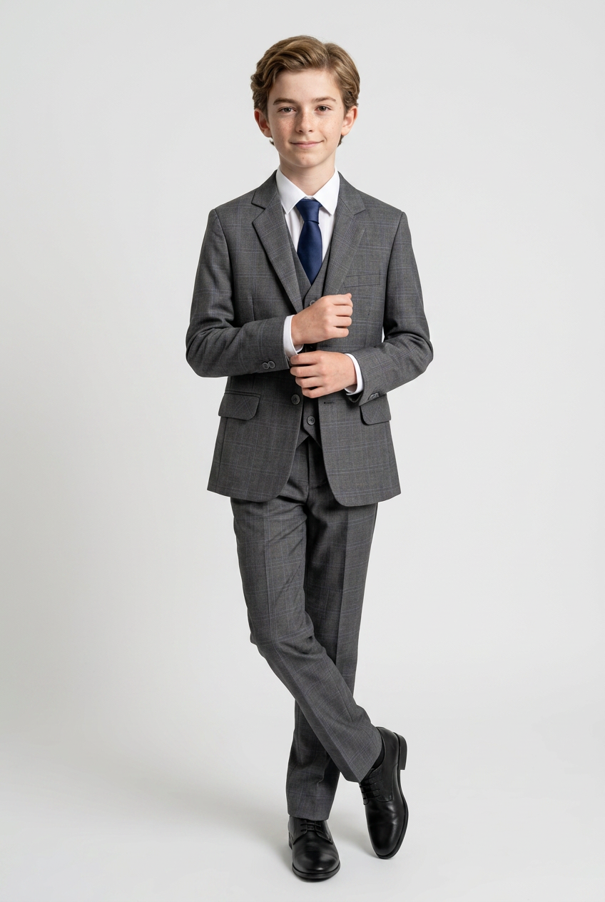 Boys Formal Wear Check Suit Wedding Windowpane 5 Piece Set in Dark Grey Boys Picture