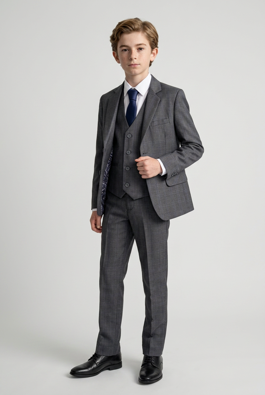 Boys Formal Wear Check Suit Wedding Windowpane 5 Piece Set in Dark Grey Picture